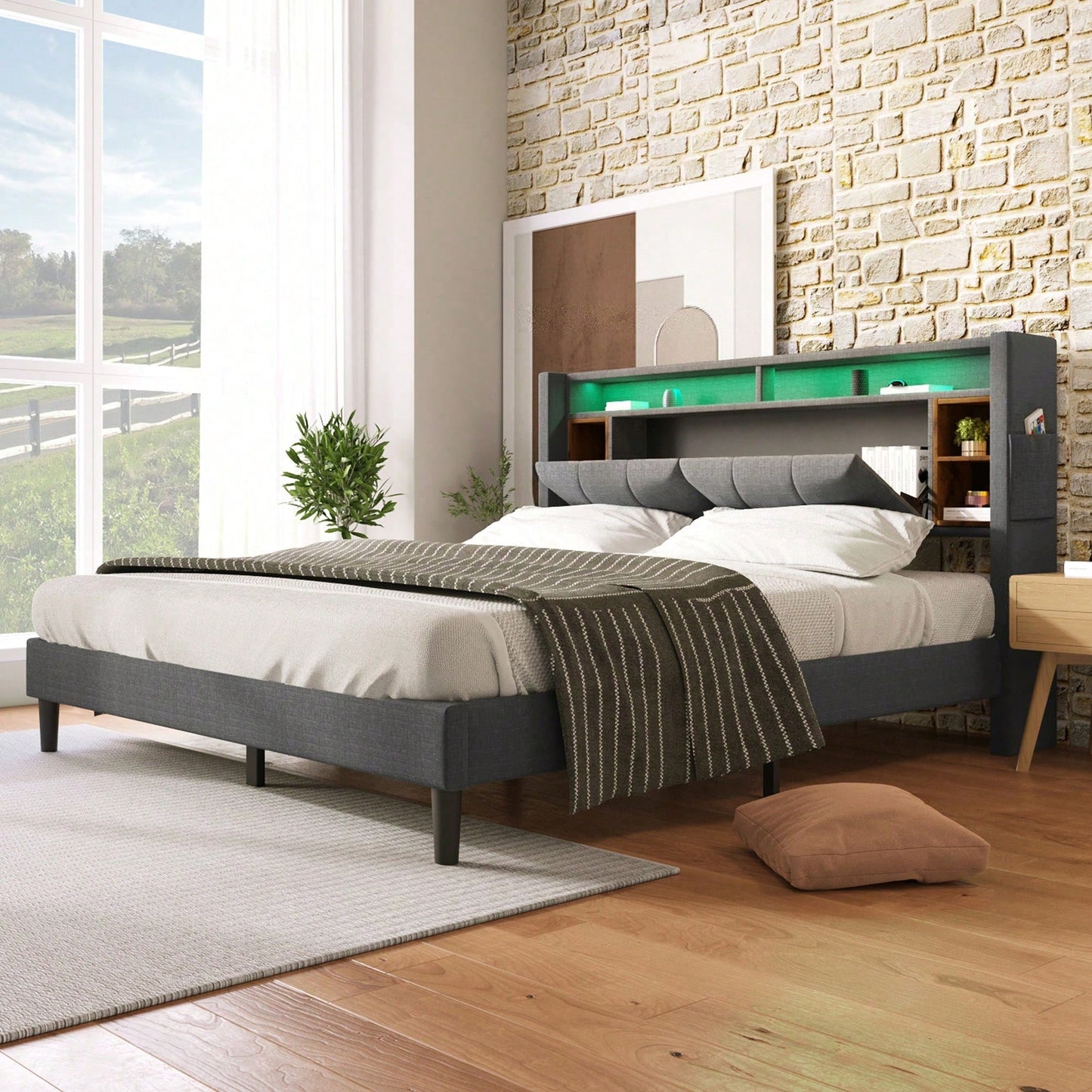 Polsterbett Doppelbett Stauraum-Kopfteil Bett mit aufladen USB und LED-Beleuchtung Bettgestell Lattenrost aus Holz,140*200CM Grau
