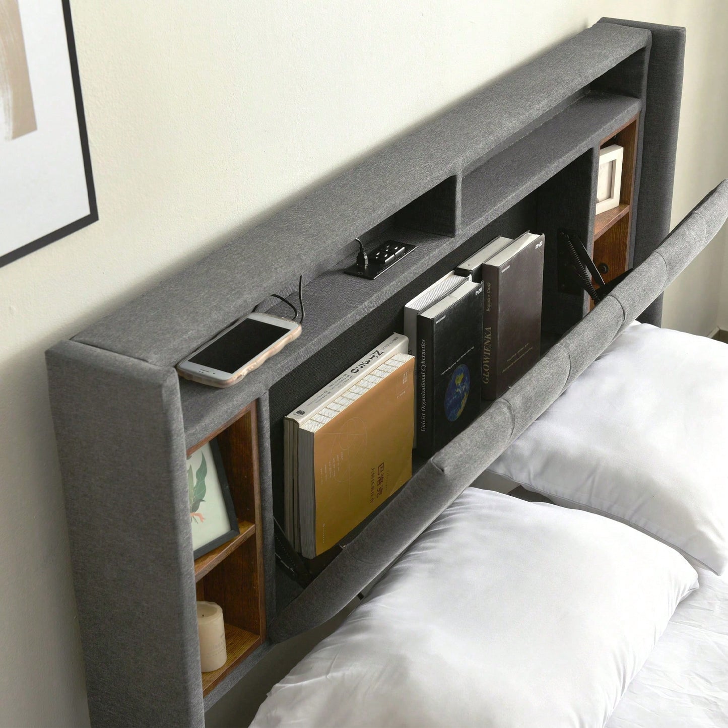 Polsterbett Doppelbett Stauraum-Kopfteil Bett mit aufladen USB und LED-Beleuchtung Bettgestell Lattenrost aus Holz,140*200CM Grau