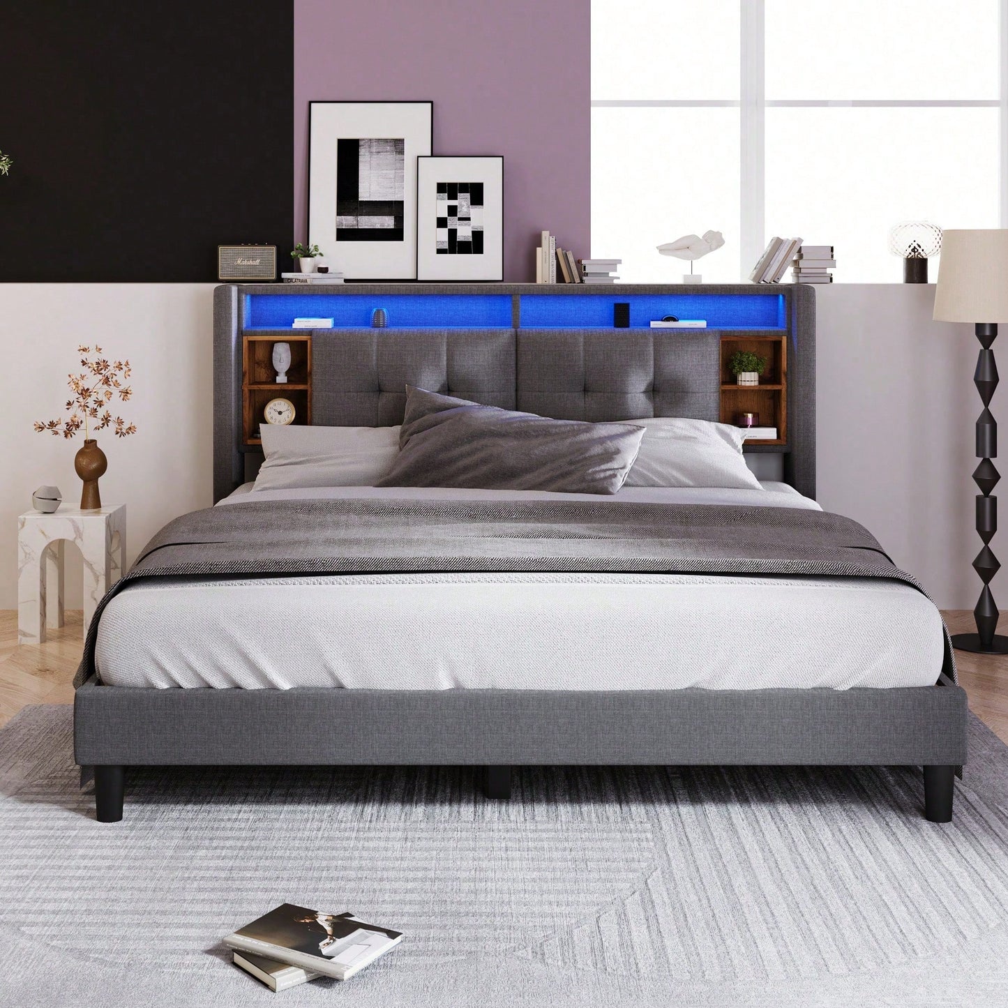 Polsterbett Doppelbett Stauraum-Kopfteil Bett mit aufladen USB und LED-Beleuchtung Bettgestell Lattenrost aus Holz,140*200CM Grau