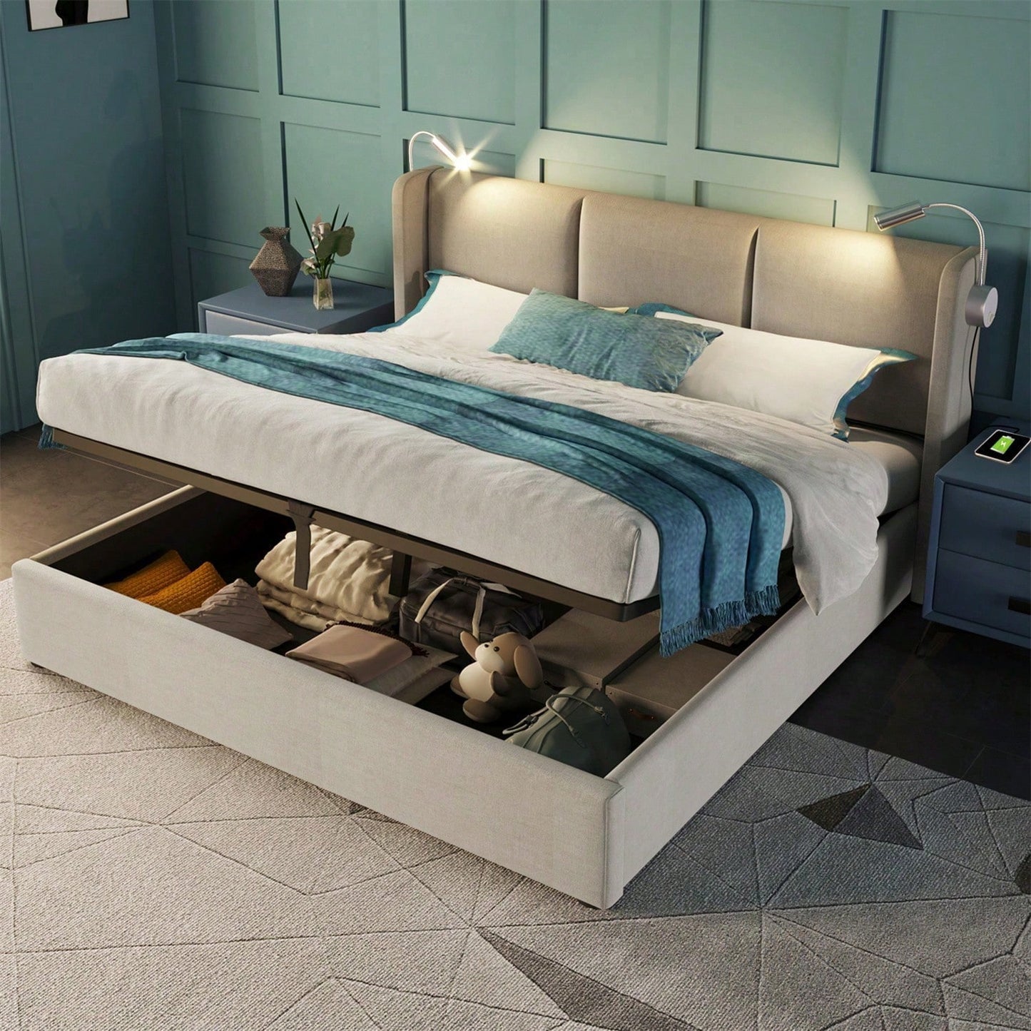 Polsterbett Doppelbett Stauraum Bettkasten Leselicht mit USB Ladefunktion Kopfteil,Stauraumbetten Bettgestell aus Leinenmaterial Jugendbett 140x200 mit lattenrost