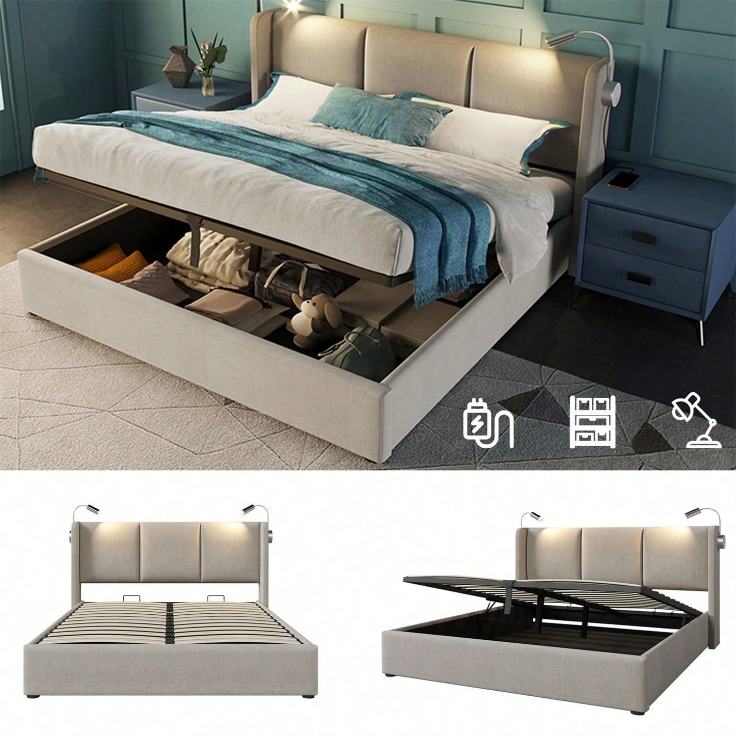 Polsterbett Doppelbett Stauraum Bettkasten Leselicht mit USB Ladefunktion Kopfteil,Stauraumbetten Bettgestell aus Leinenmaterial Jugendbett 140x200 mit lattenrost