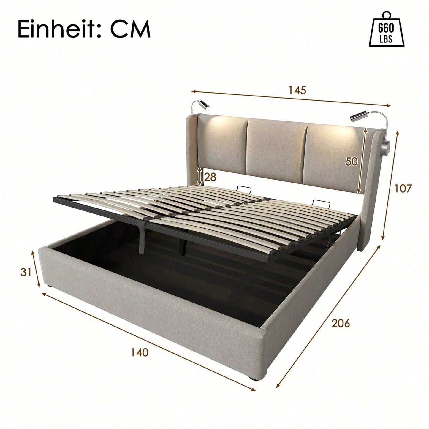 Polsterbett Doppelbett Stauraum Bettkasten Leselicht mit USB Ladefunktion Kopfteil,Stauraumbetten Bettgestell aus Leinenmaterial Jugendbett 140x200 mit lattenrost