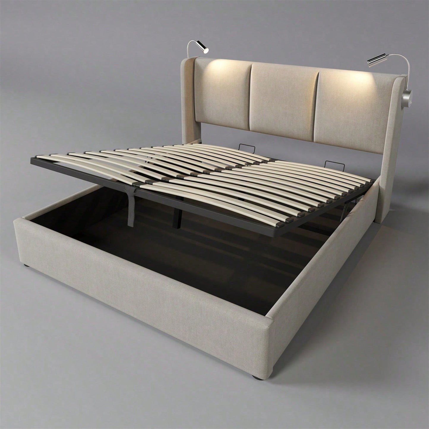 Polsterbett Doppelbett Stauraum Bettkasten Leselicht mit USB Ladefunktion Kopfteil,Stauraumbetten Bettgestell aus Leinenmaterial Jugendbett 140x200 mit lattenrost