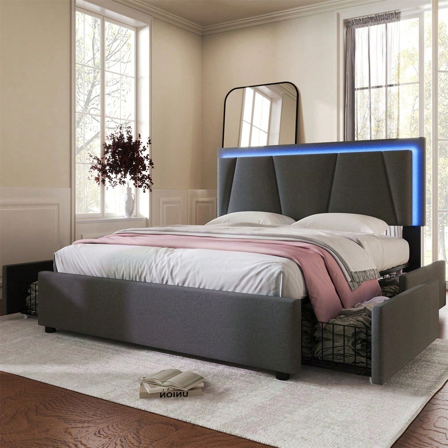 Polsterbett mit LED-Beleuchtung und 4 Schubladen,Höhenverstellbarem Kopfteil,Doppelbett 160x200cm Stauraumbetten Bettgestell, Lattenrost aus Holz, Grau
