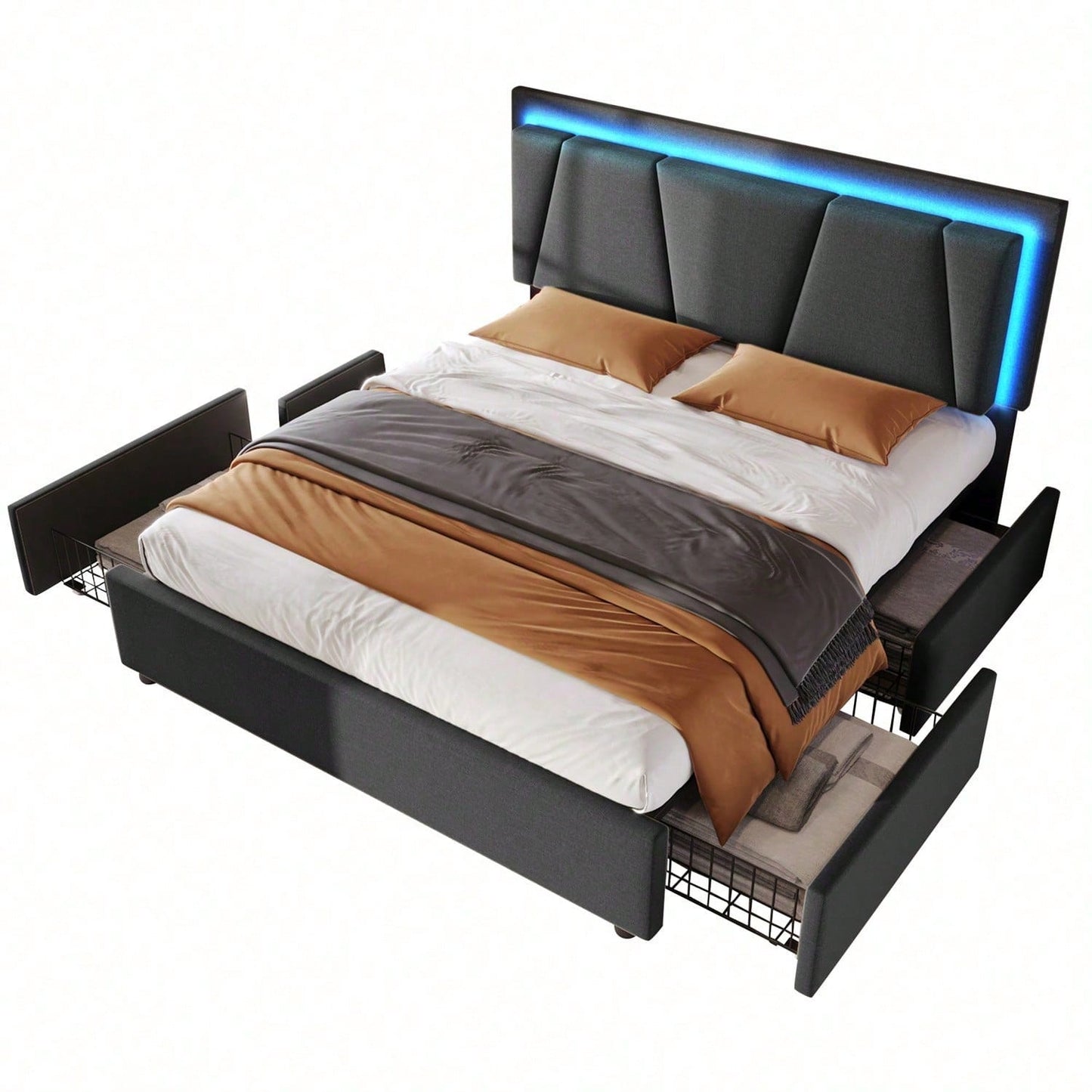 Polsterbett mit LED-Beleuchtung und 4 Schubladen,Höhenverstellbarem Kopfteil,Doppelbett 160x200cm Stauraumbetten Bettgestell, Lattenrost aus Holz, Grau