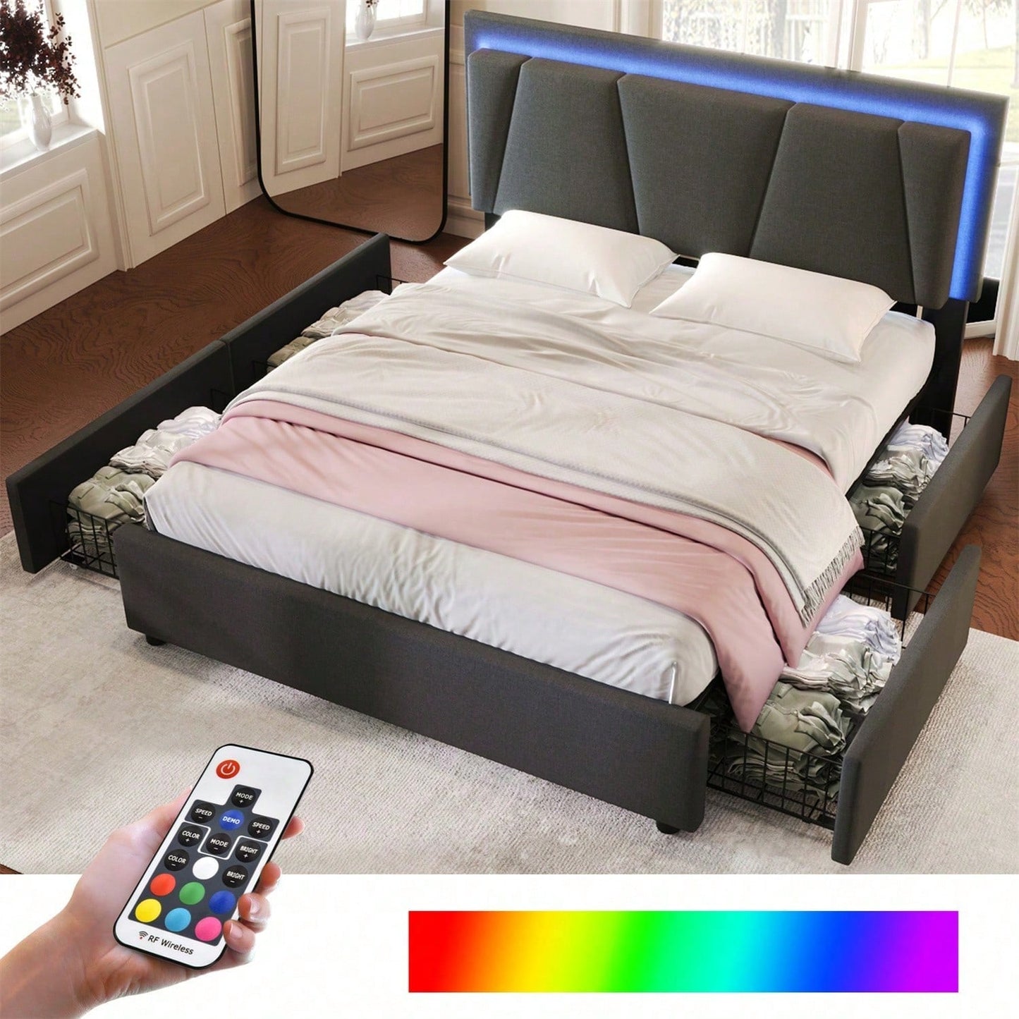 Polsterbett mit LED-Beleuchtung und 4 Schubladen,Höhenverstellbarem Kopfteil,Doppelbett 160x200cm Stauraumbetten Bettgestell, Lattenrost aus Holz, Grau
