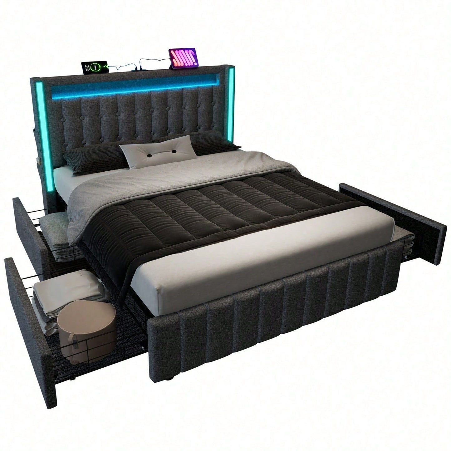 Polsterbett USB Typ C Ladefunktion LED-Beleuchtung und 4 Schubladen, Jugendbetten 140x200cm Doppelbett Stauraumbetten Bettgestell, Lattenrost aus Holz, Grau