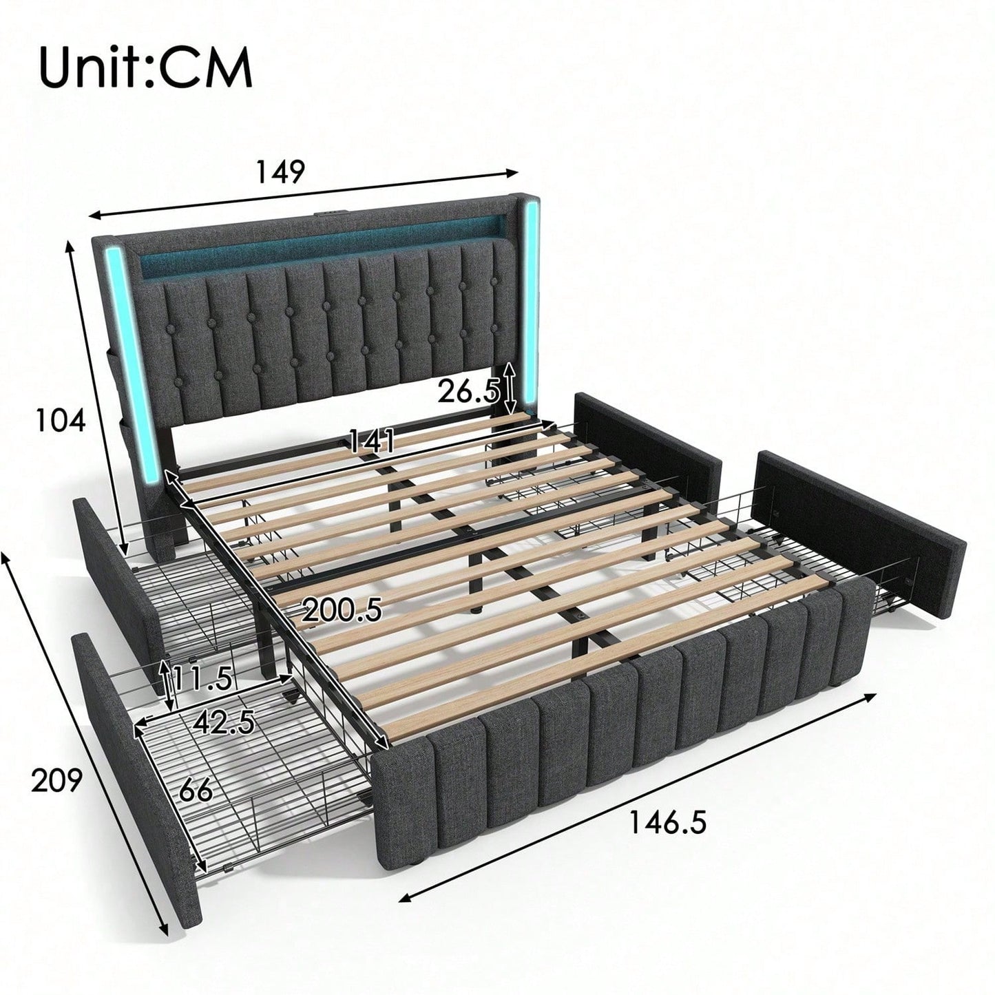 Polsterbett USB Typ C Ladefunktion LED-Beleuchtung und 4 Schubladen, Jugendbetten 140x200cm Doppelbett Stauraumbetten Bettgestell, Lattenrost aus Holz, Grau