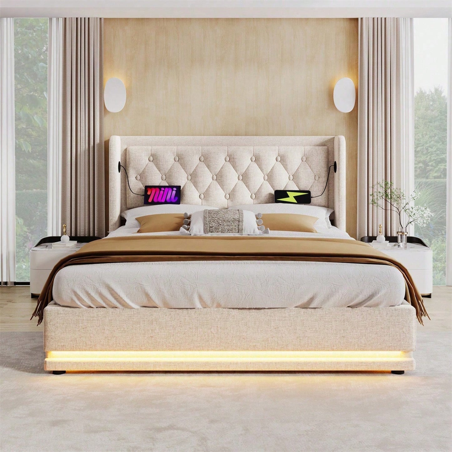 Polsterbett Doppelbett 160*200 cm,Beige Baumwolle-Material Hydraulisches Stauraumbett, gepolstertes Kopfteil mit USB Typ-C Ladefunktion, 3-seitige LED-Funktion