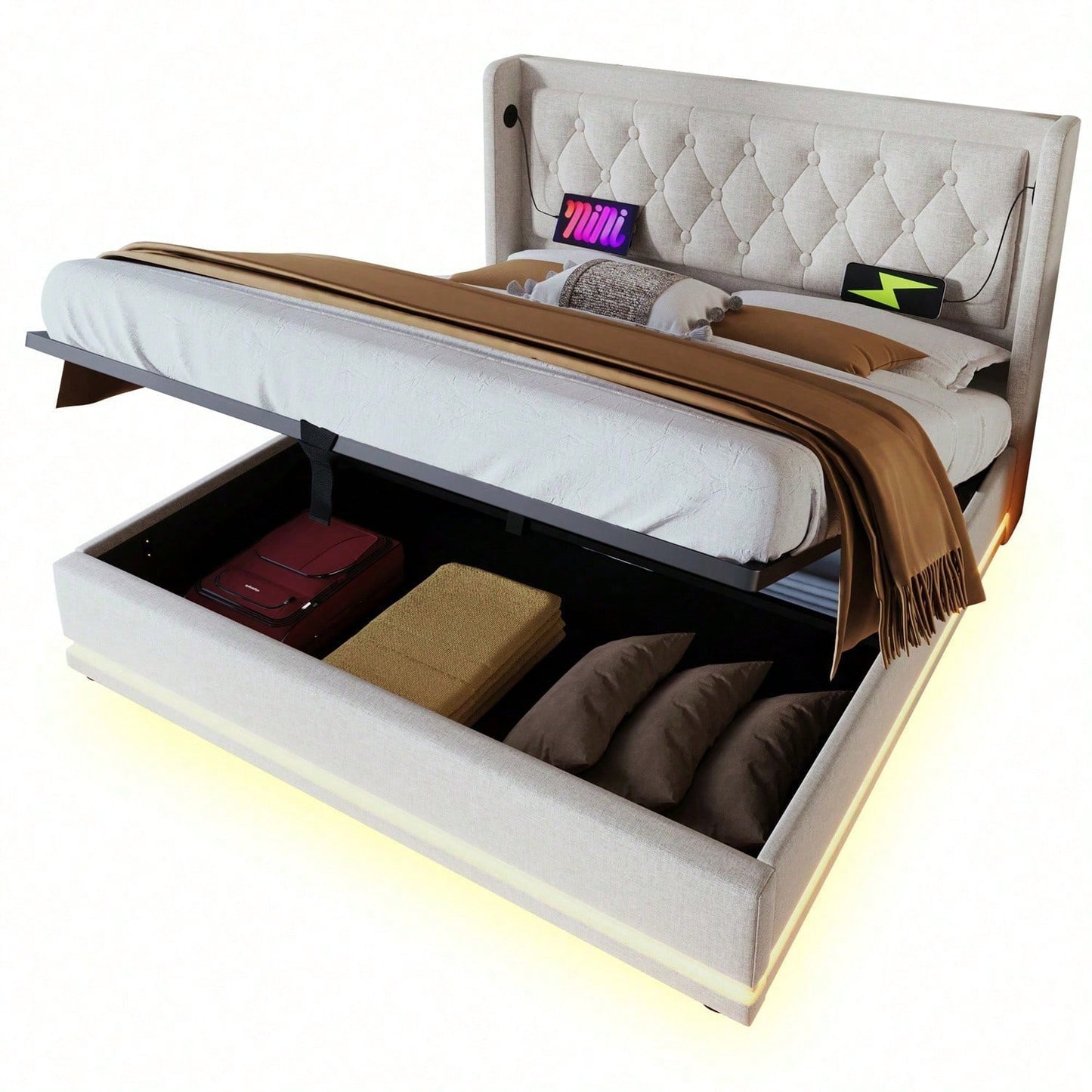 Polsterbett Doppelbett 160*200 cm,Beige Baumwolle-Material Hydraulisches Stauraumbett, gepolstertes Kopfteil mit USB Typ-C Ladefunktion, 3-seitige LED-Funktion