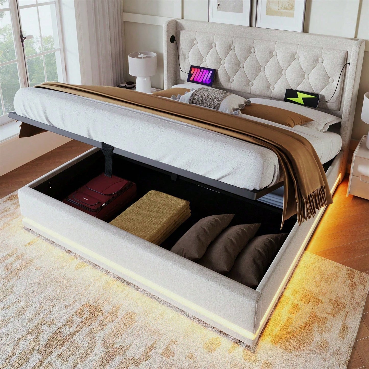 Polsterbett Doppelbett 160*200 cm,Beige Baumwolle-Material Hydraulisches Stauraumbett, gepolstertes Kopfteil mit USB Typ-C Ladefunktion, 3-seitige LED-Funktion
