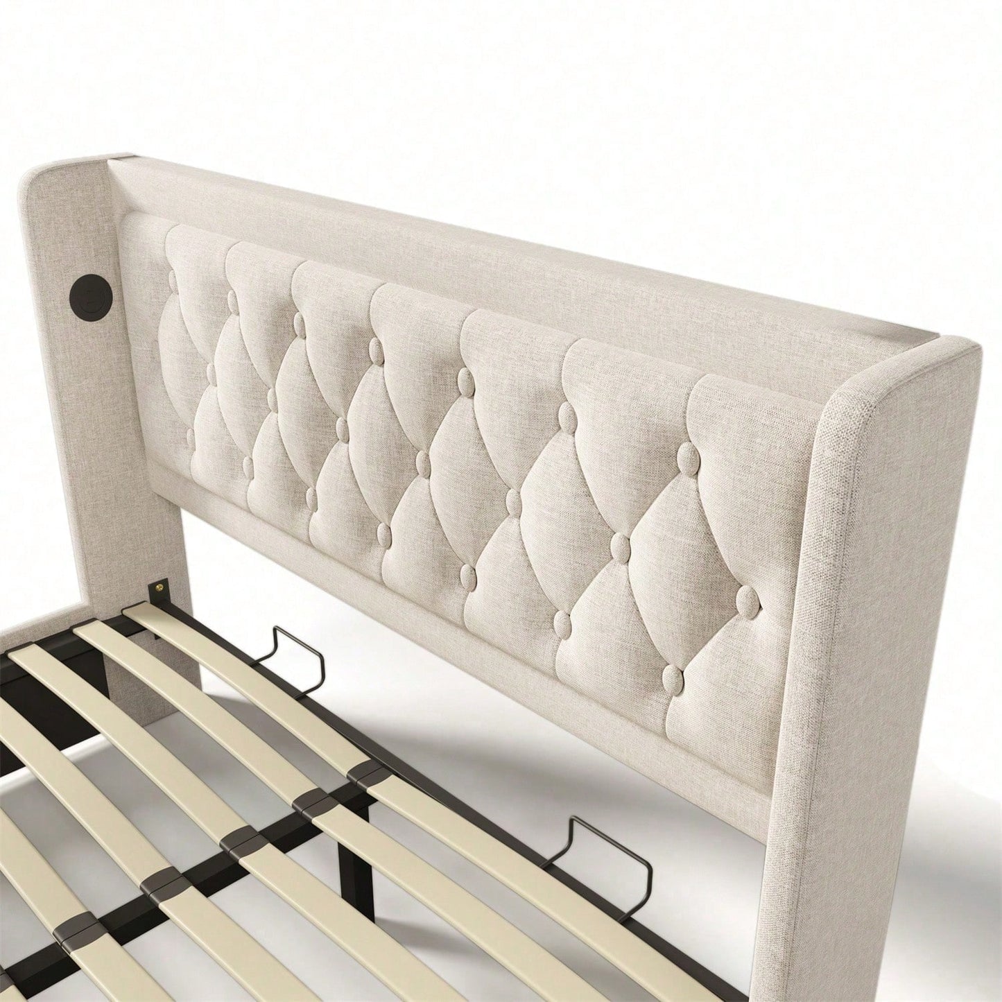 Polsterbett Doppelbett 160*200 cm,Beige Baumwolle-Material Hydraulisches Stauraumbett, gepolstertes Kopfteil mit USB Typ-C Ladefunktion, 3-seitige LED-Funktion