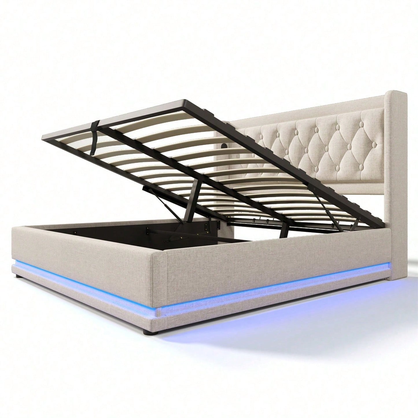 Polsterbett Doppelbett 160*200 cm,Beige Baumwolle-Material Hydraulisches Stauraumbett, gepolstertes Kopfteil mit USB Typ-C Ladefunktion, 3-seitige LED-Funktion