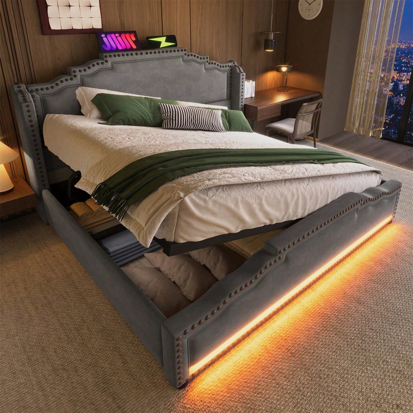 Polsterbett 160x200, Doppelbett mit hydraulischem Stauraum, LED-Beleuchtung und USB-C-Ladeanschluss, Stauraumbett und Jugendbett mit Lattenrost, Samt, Beige, ohne Matratze
