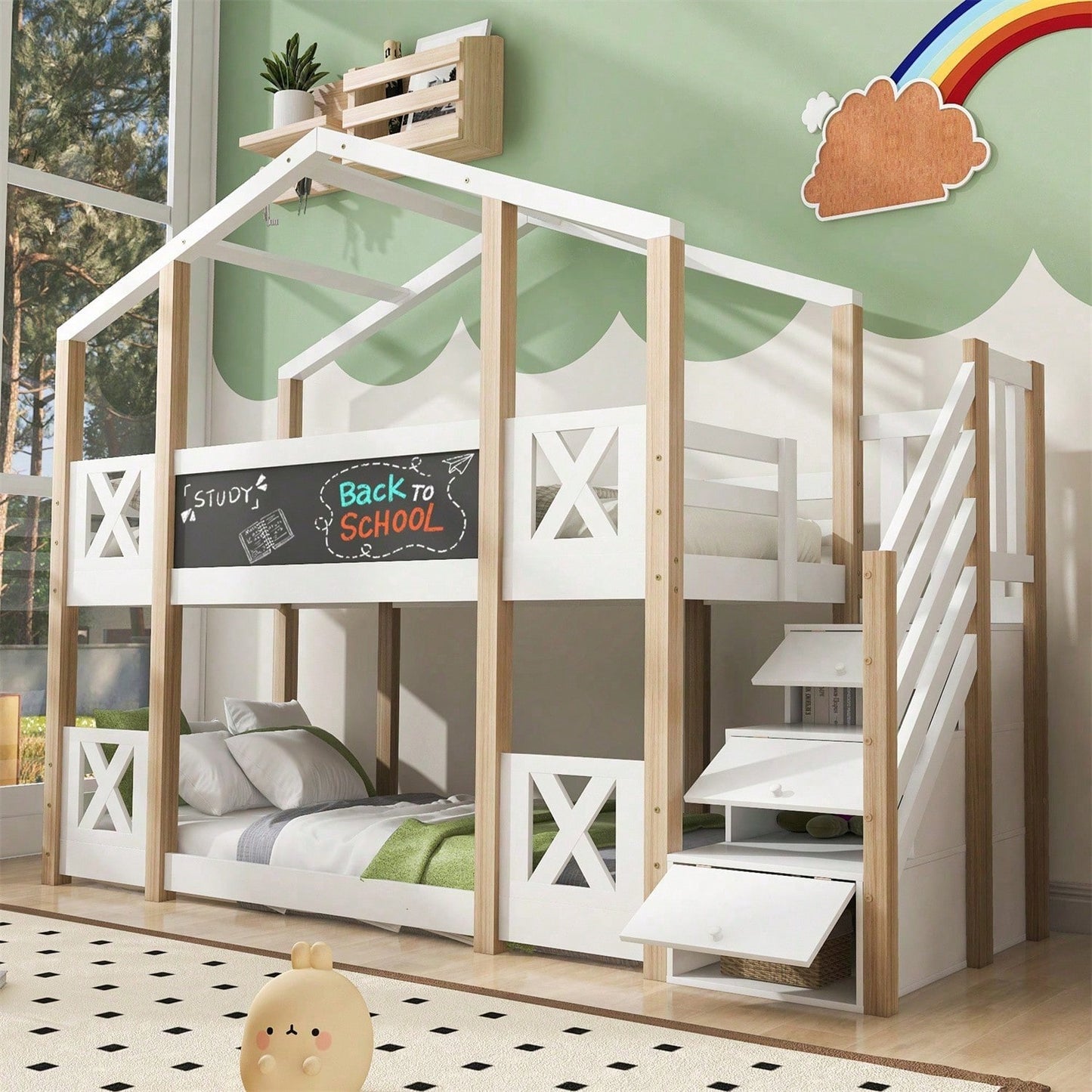 Etagenbett 90 x 200 cm,Kinderbett Baumhaus mit Treppe Stauraum und Rausfallschutz, Hochbett für Kinder– 2x Lattenrost- Natur & Weiß