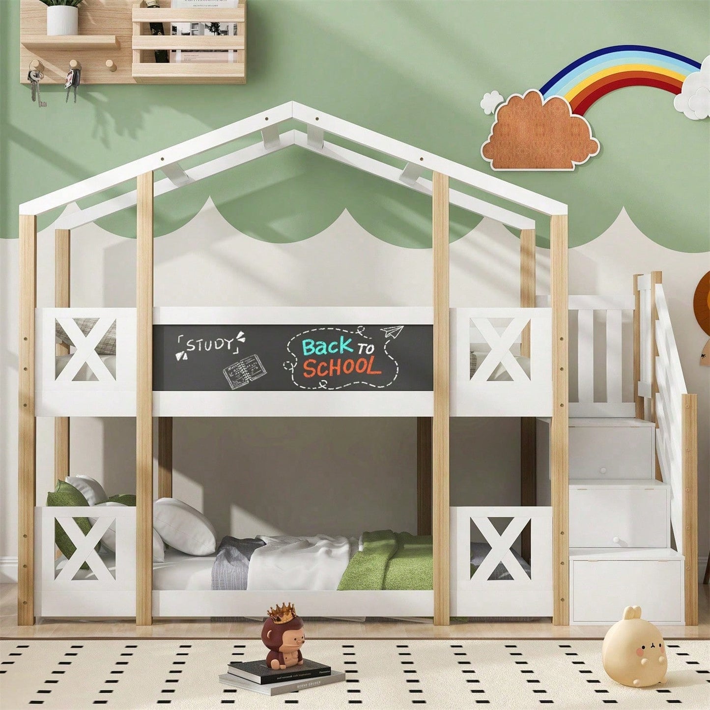 Etagenbett 90 x 200 cm,Kinderbett Baumhaus mit Treppe Stauraum und Rausfallschutz, Hochbett für Kinder– 2x Lattenrost- Natur & Weiß