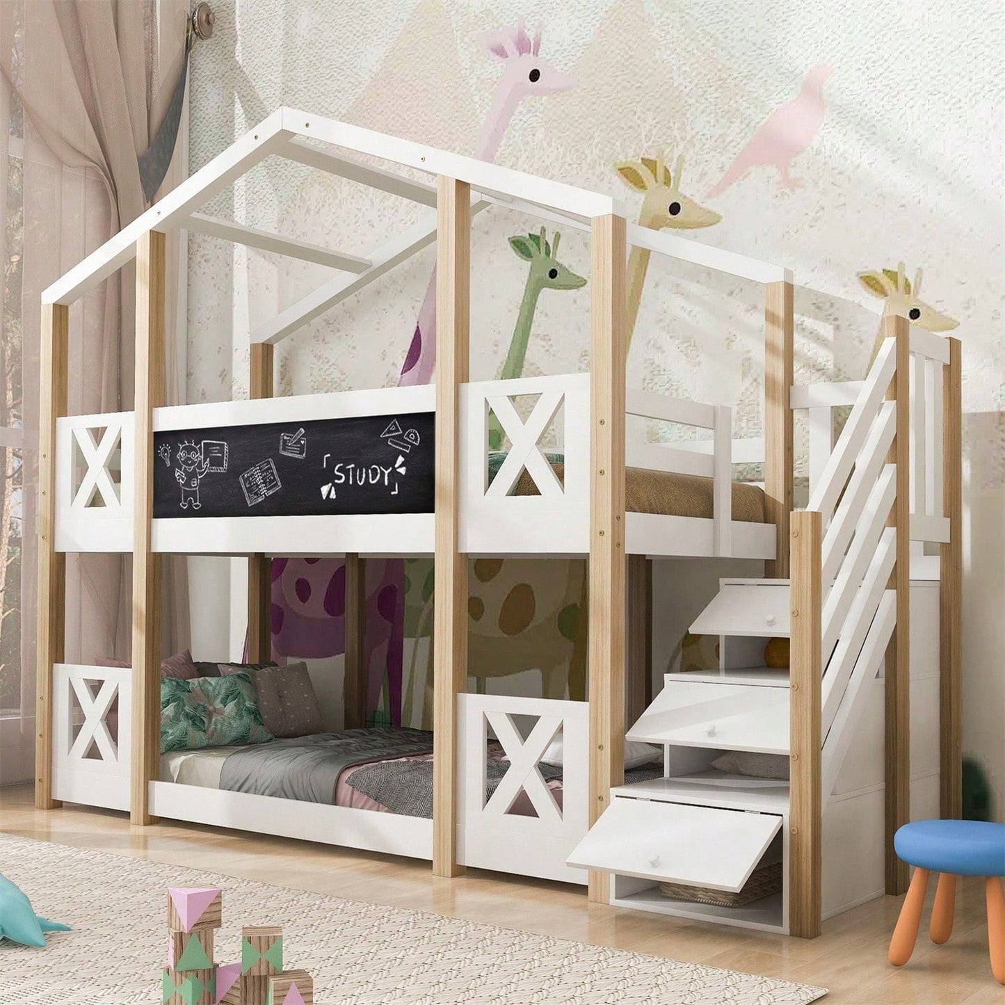 Etagenbett 90 x 200 cm,Kinderbett Baumhaus mit Treppe Stauraum und Rausfallschutz, Hochbett für Kinder– 2x Lattenrost- Natur & Weiß