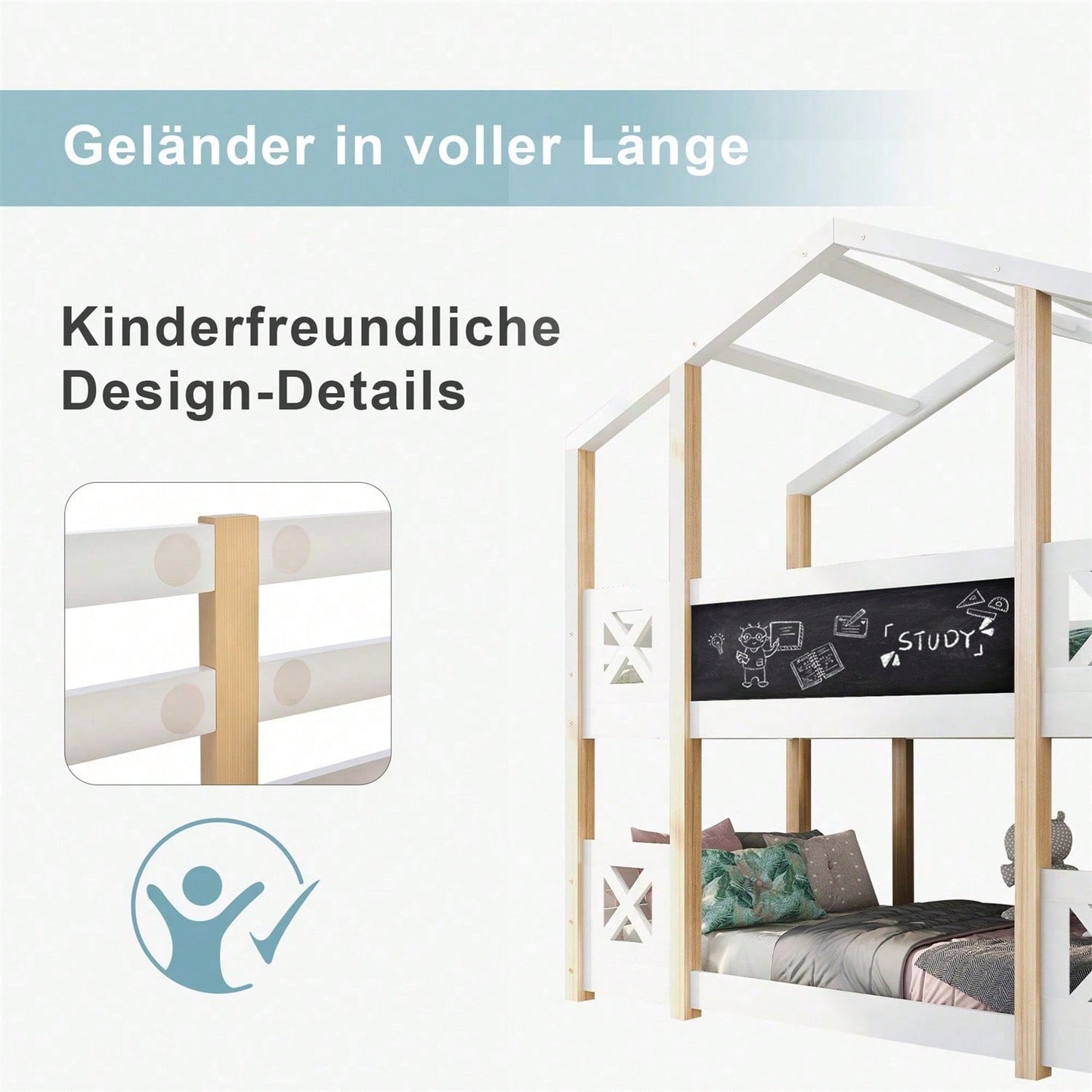 Etagenbett 90 x 200 cm,Kinderbett Baumhaus mit Treppe Stauraum und Rausfallschutz, Hochbett für Kinder– 2x Lattenrost- Natur & Weiß