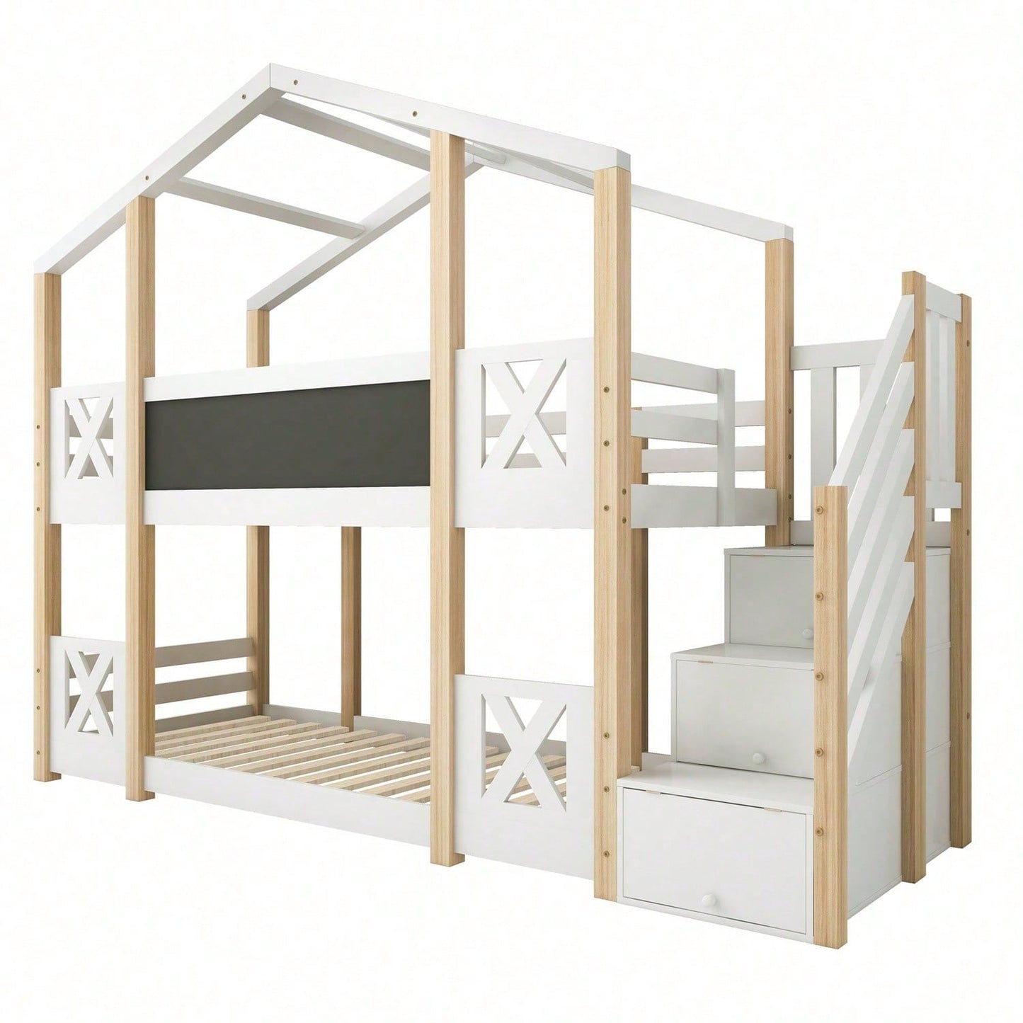 Etagenbett 90 x 200 cm,Kinderbett Baumhaus mit Treppe Stauraum und Rausfallschutz, Hochbett für Kinder– 2x Lattenrost- Natur & Weiß