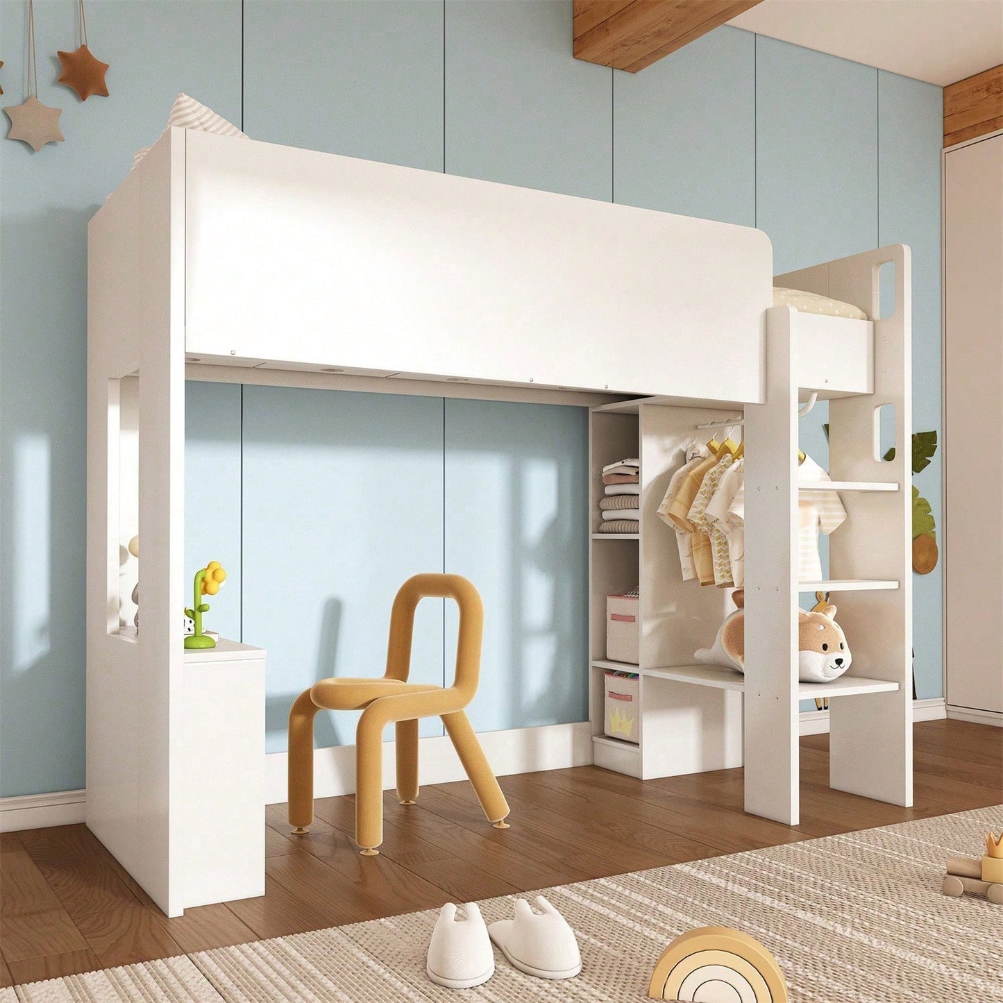 Kinderbett, Hochbett Einzelbett 90 x 200 cm, Vielseitiges 3-in-1 Holzbett- Mit Aufbewahrungsfächern, Kleiderschrank, offenen Regaleinheiten und Treppe, Weiß