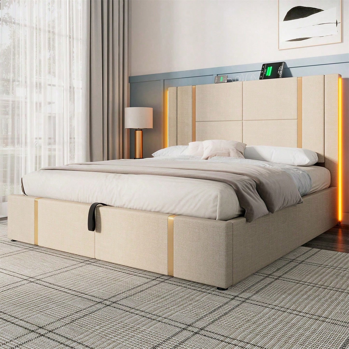 Polsterbett Doppelbett USB Type C Ladefunktion APP-Control LED 160*200 Stauraumbetten Bettgestell, Lattenrost aus Holz,Beige Leinenmaterial