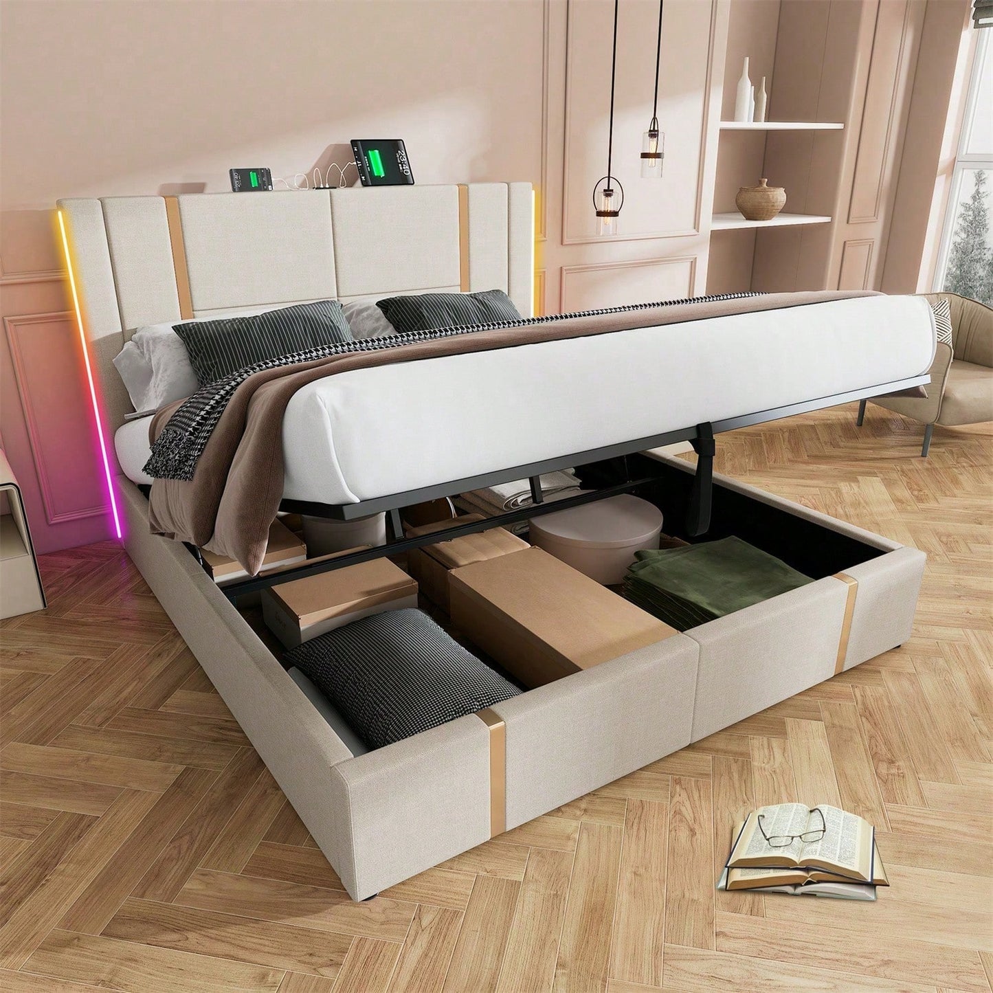 Polsterbett Doppelbett USB Type C Ladefunktion APP-Control LED 160*200 Stauraumbetten Bettgestell, Lattenrost aus Holz,Beige Leinenmaterial