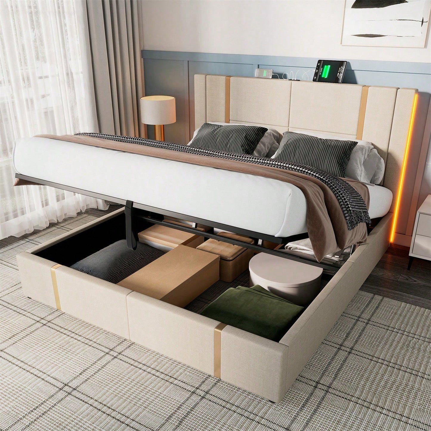 Polsterbett Doppelbett USB Type C Ladefunktion APP-Control LED 160*200 Stauraumbetten Bettgestell, Lattenrost aus Holz,Beige Leinenmaterial