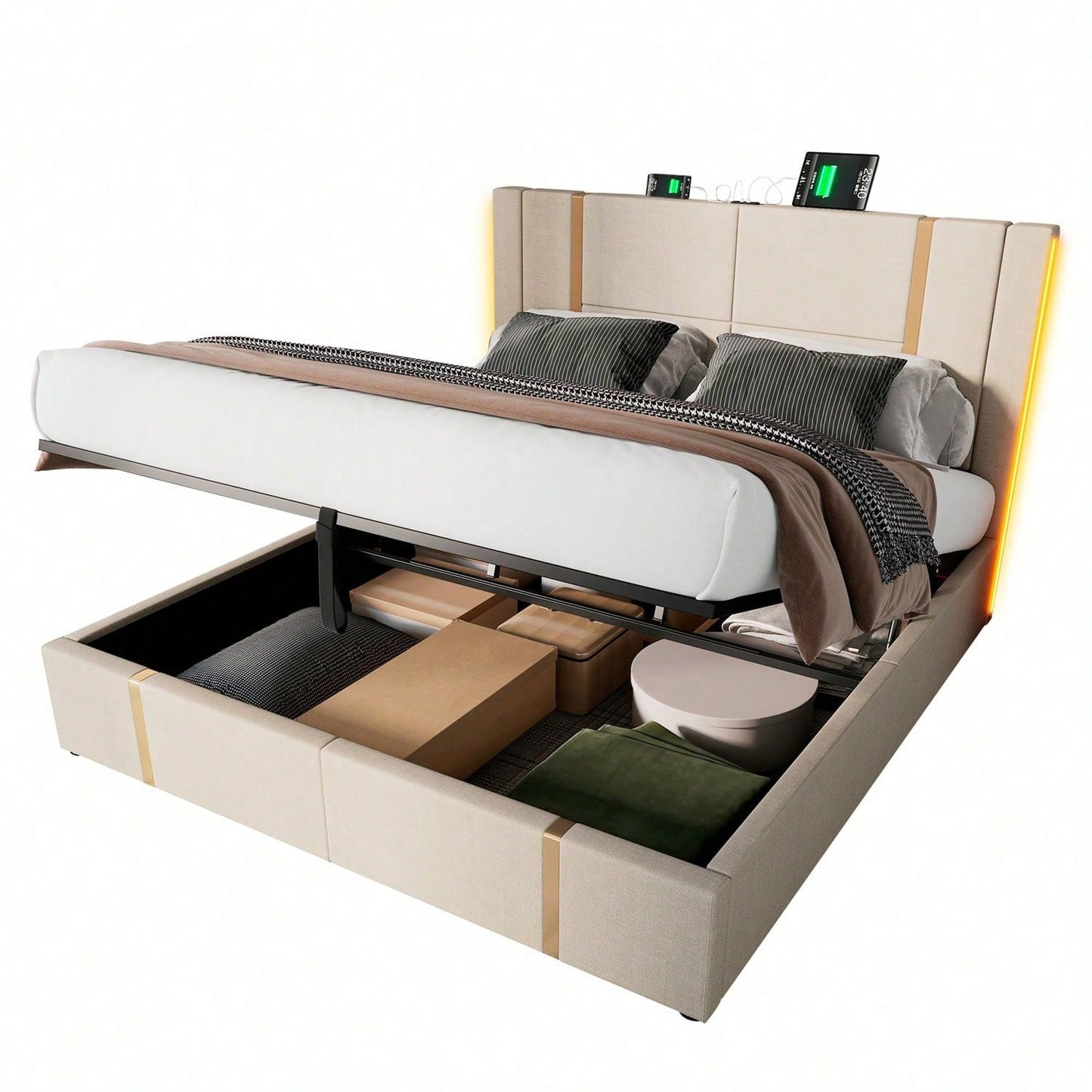 Polsterbett Doppelbett USB Type C Ladefunktion APP-Control LED 160*200 Stauraumbetten Bettgestell, Lattenrost aus Holz,Beige Leinenmaterial