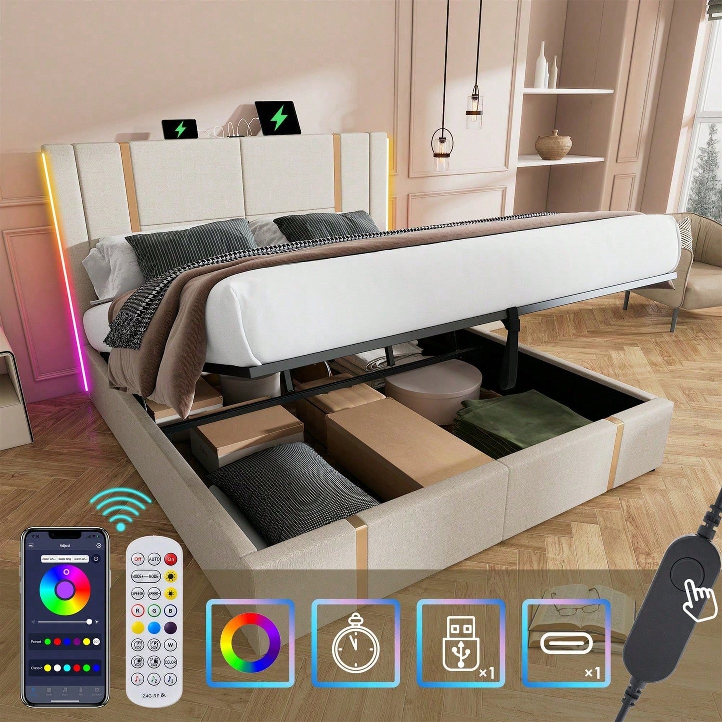 Polsterbett Doppelbett USB Type C Ladefunktion APP-Control LED 160*200 Stauraumbetten Bettgestell, Lattenrost aus Holz,Beige Leinenmaterial