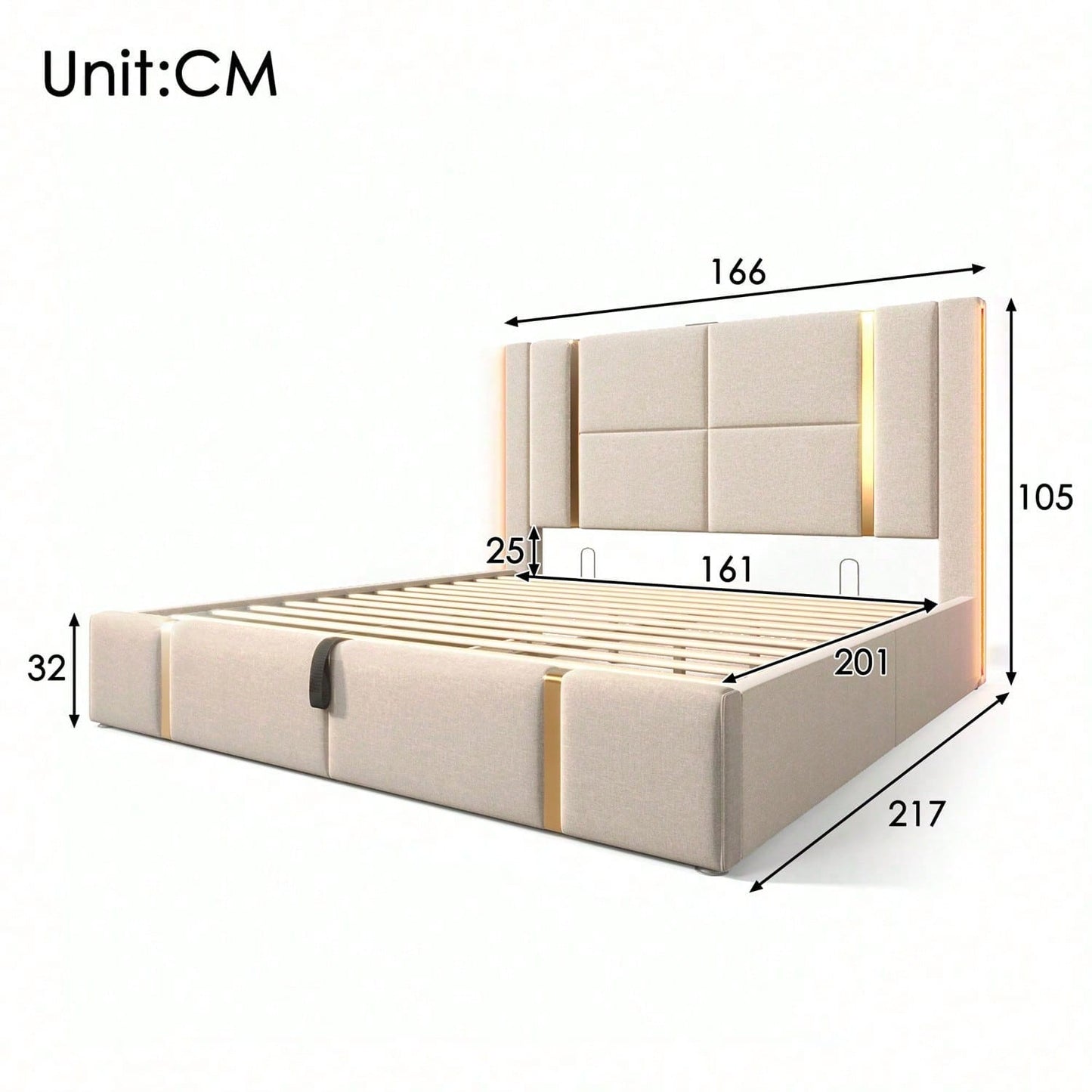 Polsterbett Doppelbett USB Type C Ladefunktion APP-Control LED 160*200 Stauraumbetten Bettgestell, Lattenrost aus Holz,Beige Leinenmaterial