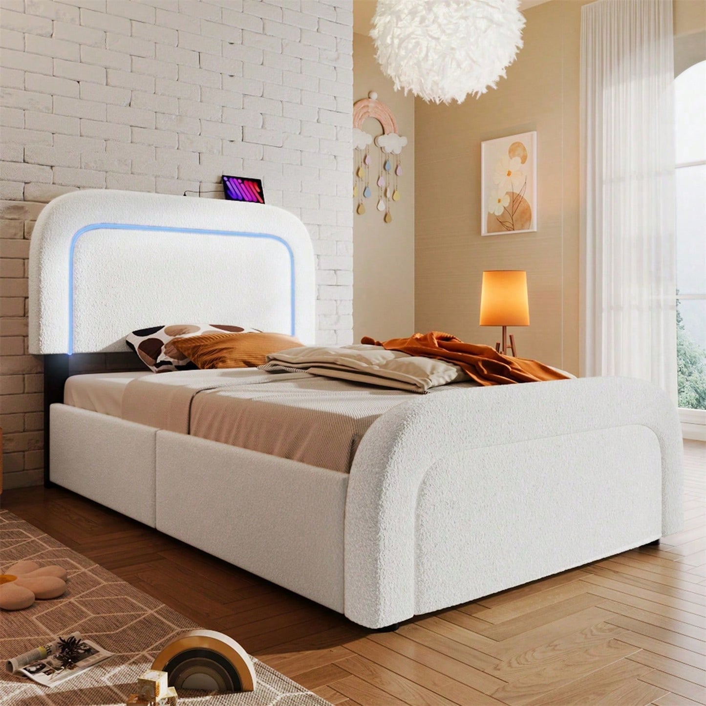 Bettgestell mit USB Typ C Ladefunktion LED-Beleuchtung und 2 Schubladen, Einzelbett Polsterbett 90x200cm, Höhenverstellbarem Kopfteil, Lattenrost aus Holz, Sherp-Weiß