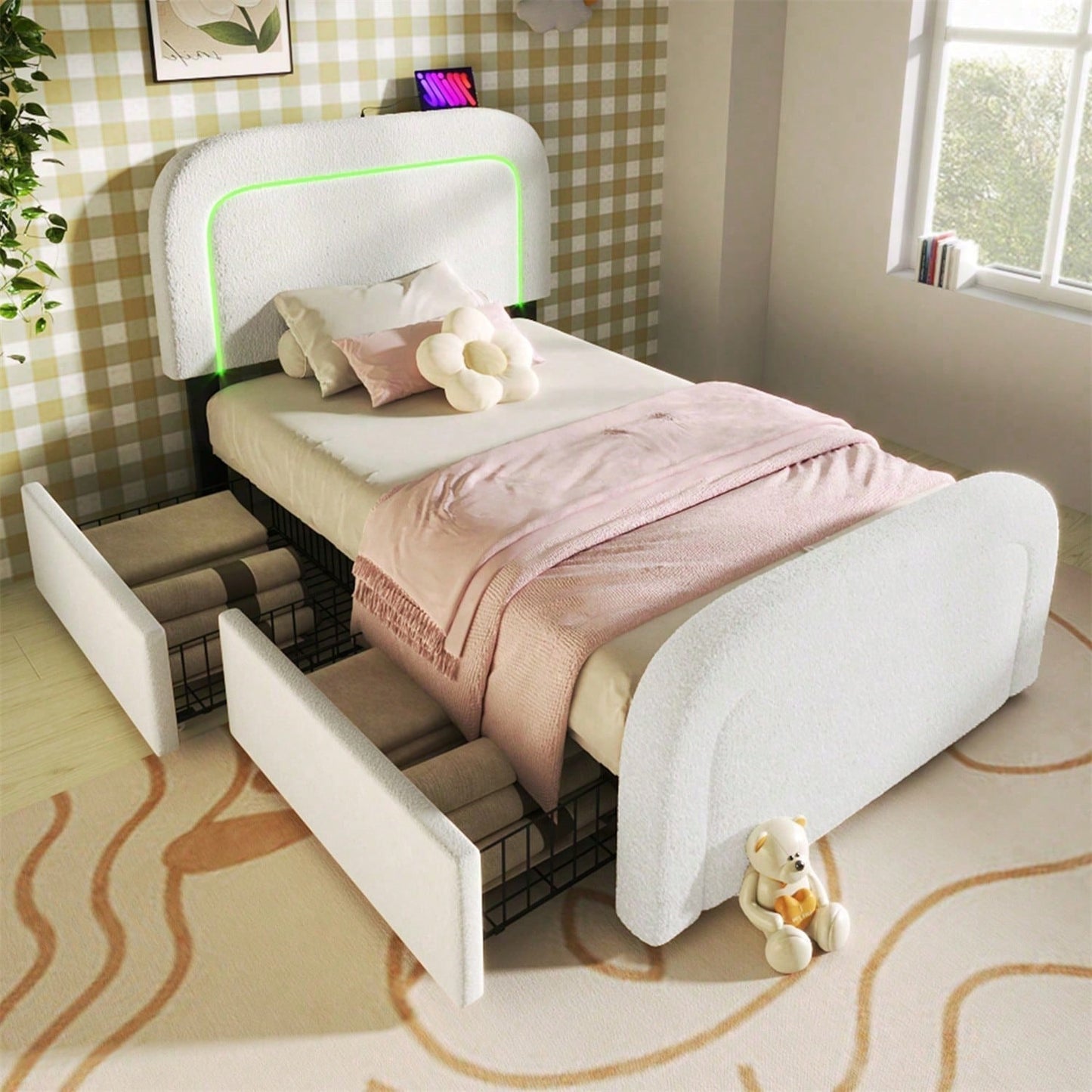 Bettgestell mit USB Typ C Ladefunktion LED-Beleuchtung und 2 Schubladen, Einzelbett Polsterbett 90x200cm, Höhenverstellbarem Kopfteil, Lattenrost aus Holz, Sherp-Weiß