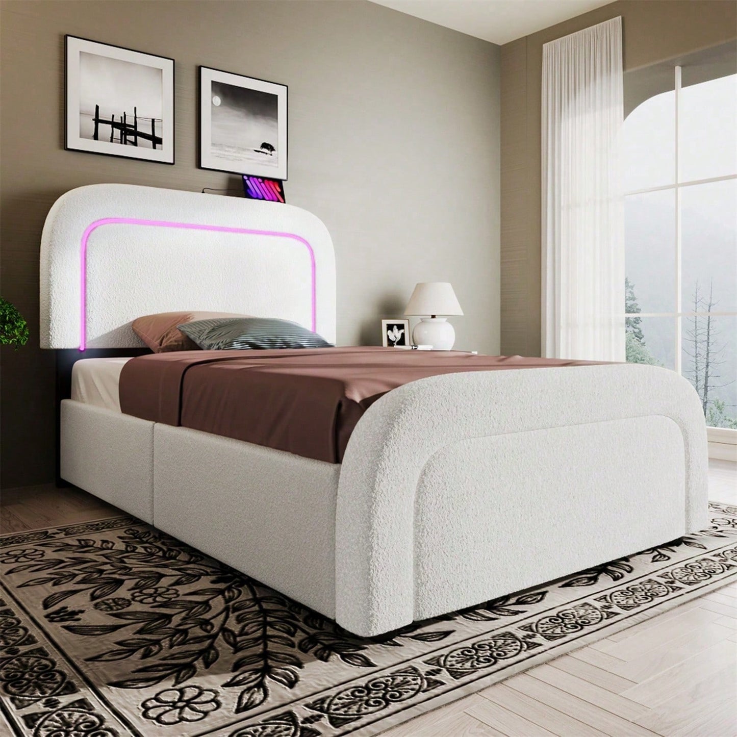 Bettgestell mit USB Typ C Ladefunktion LED-Beleuchtung und 2 Schubladen, Einzelbett Polsterbett 90x200cm, Höhenverstellbarem Kopfteil, Lattenrost aus Holz, Sherp-Weiß