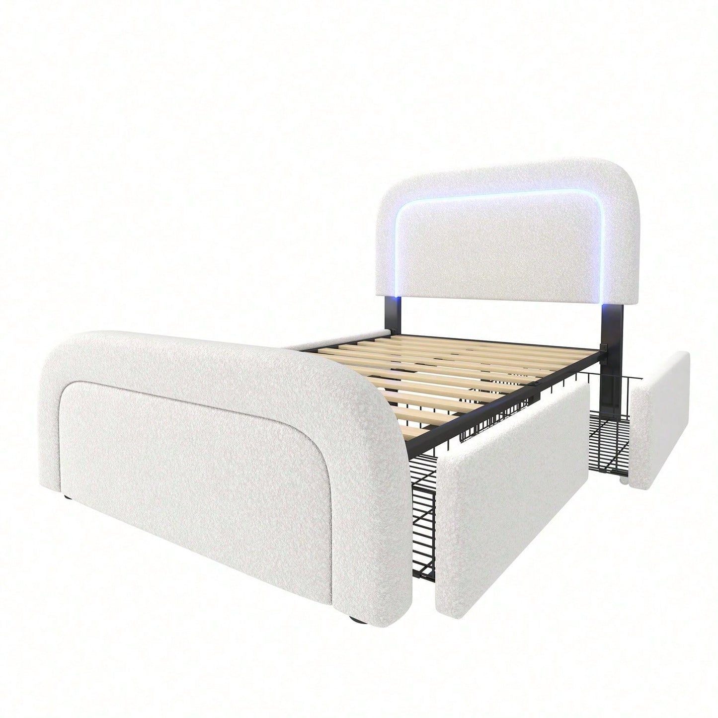 Bettgestell mit USB Typ C Ladefunktion LED-Beleuchtung und 2 Schubladen, Einzelbett Polsterbett 90x200cm, Höhenverstellbarem Kopfteil, Lattenrost aus Holz, Sherp-Weiß