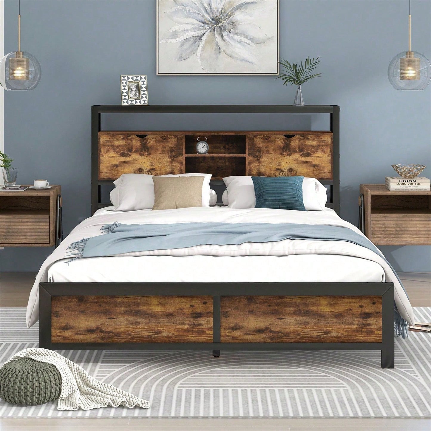 Metallbett Jugendbetten Doppelbett 140 x 200 cm mit Stauraum-Kopfteil und Metall Lattenrost, Kinderbett Metall Bettgestell Bettrahmen Für Erwachsene, Kinder, Jugendliche