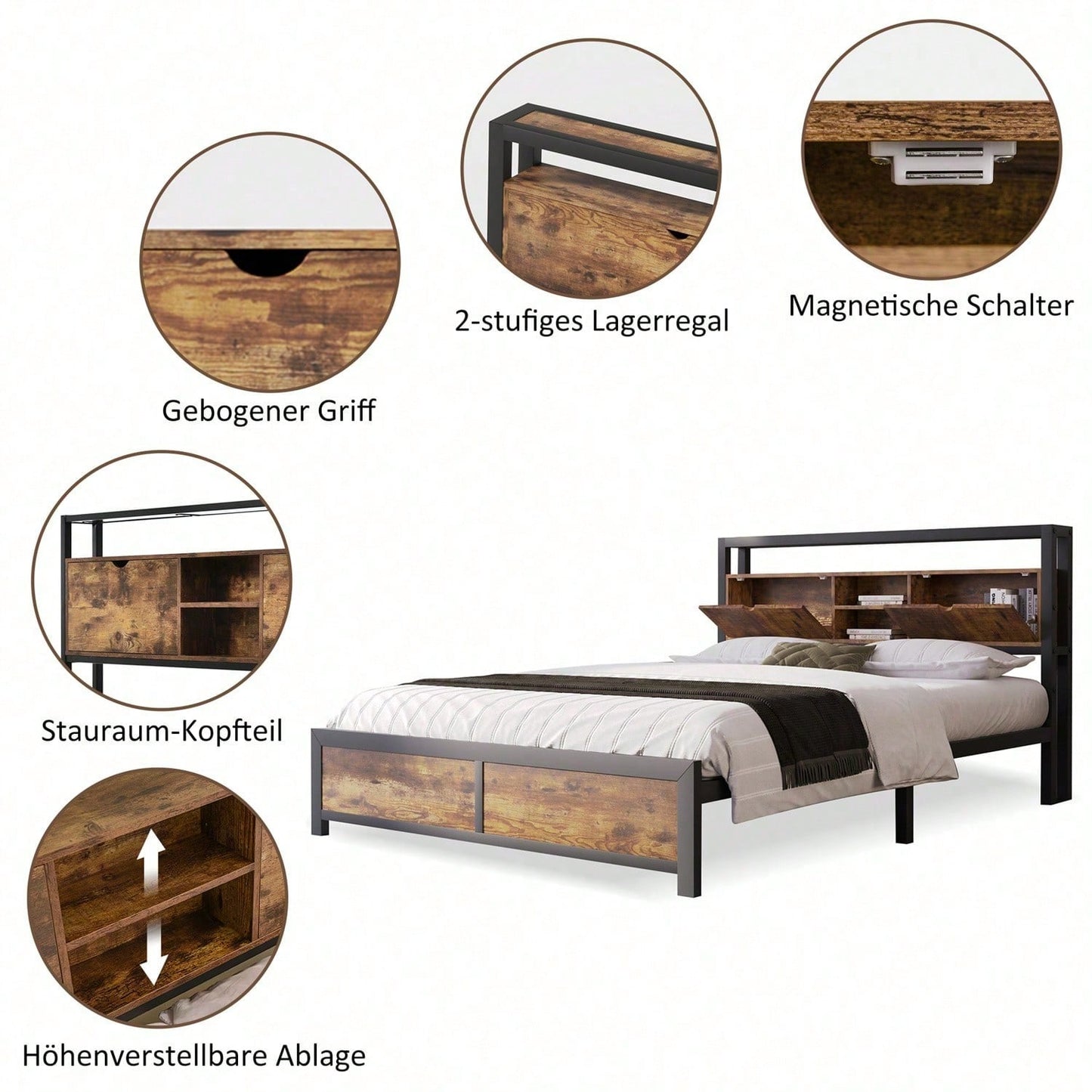 Metallbett Jugendbetten Doppelbett 140 x 200 cm mit Stauraum-Kopfteil und Metall Lattenrost, Kinderbett Metall Bettgestell Bettrahmen Für Erwachsene, Kinder, Jugendliche