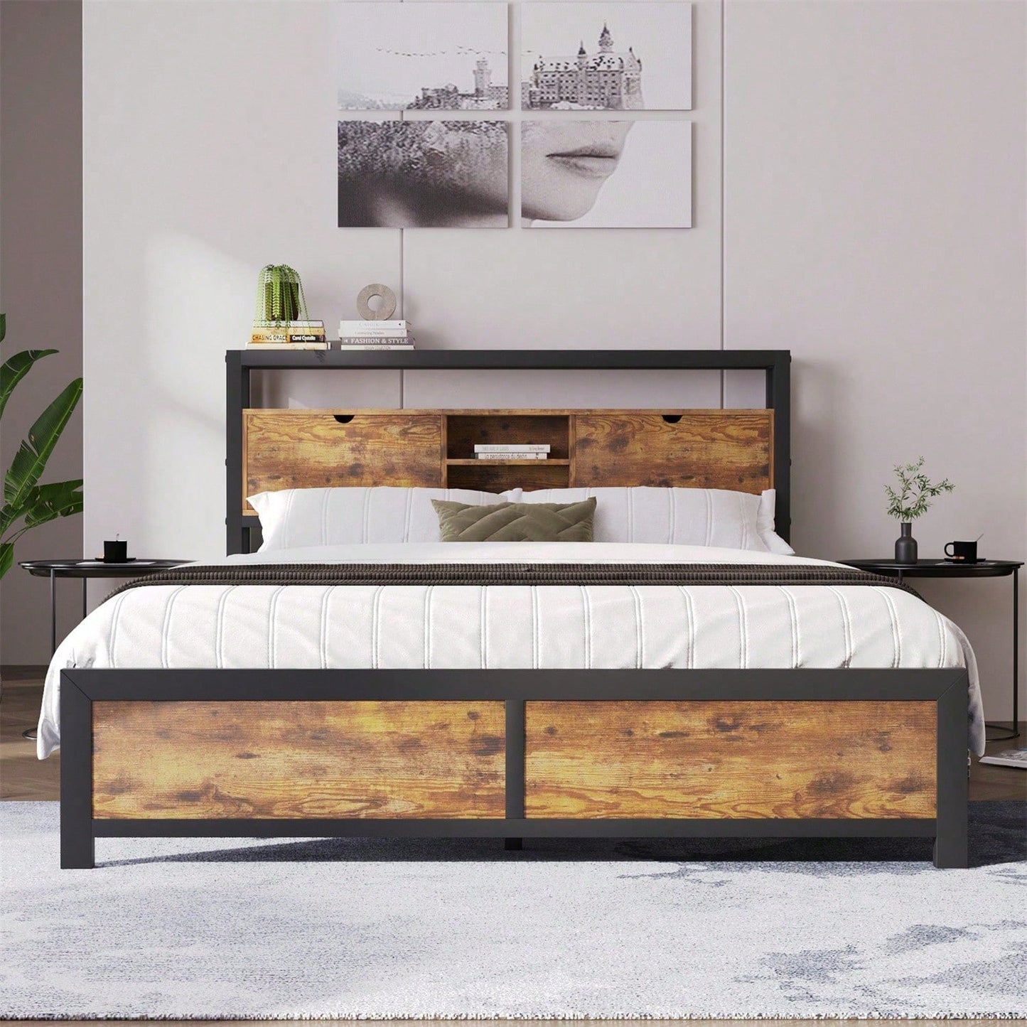 Metallbett Jugendbetten Doppelbett 140 x 200 cm mit Stauraum-Kopfteil und Metall Lattenrost, Kinderbett Metall Bettgestell Bettrahmen Für Erwachsene, Kinder, Jugendliche