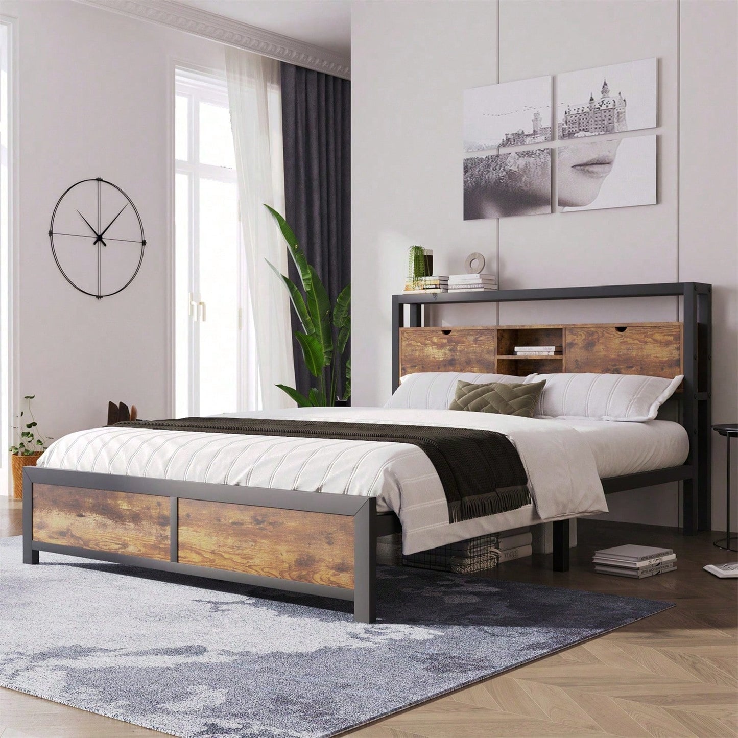 Metallbett Jugendbetten Doppelbett 140 x 200 cm mit Stauraum-Kopfteil und Metall Lattenrost, Kinderbett Metall Bettgestell Bettrahmen Für Erwachsene, Kinder, Jugendliche