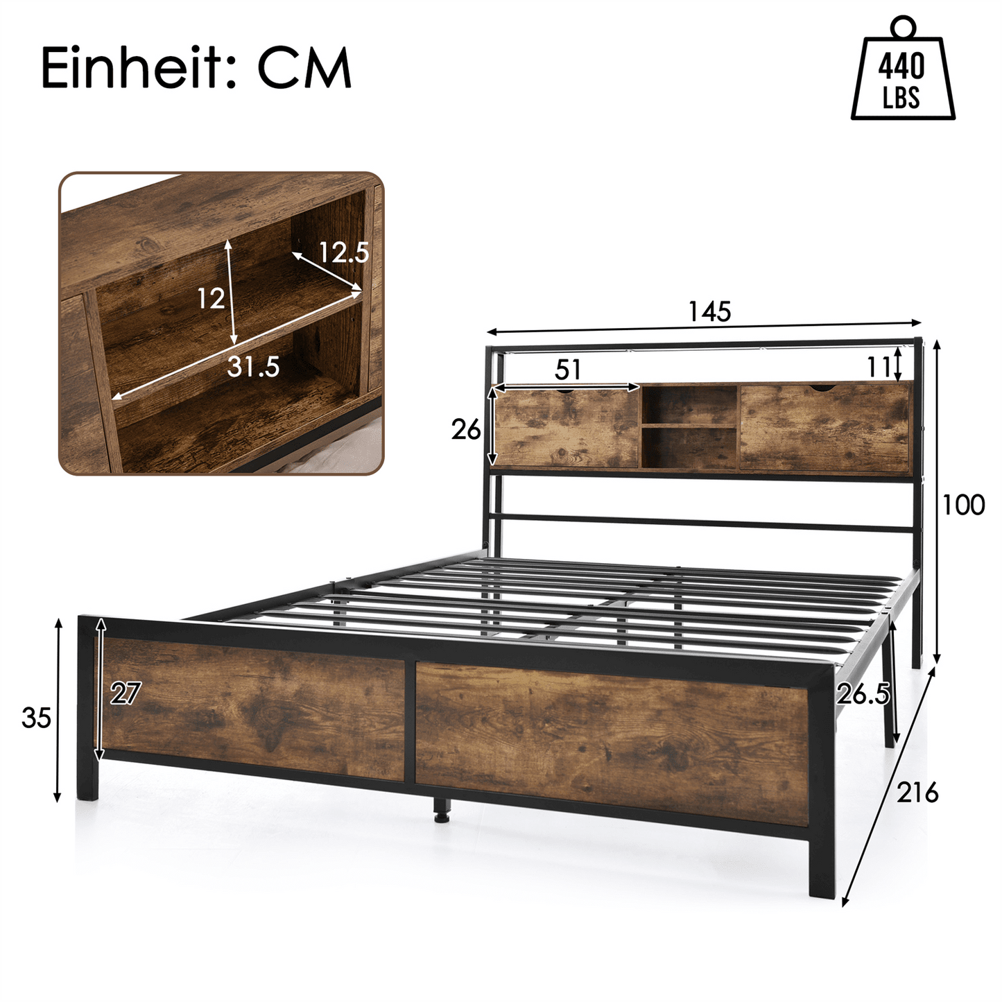 Metallbett Jugendbetten Doppelbett 140 x 200 cm mit Stauraum-Kopfteil und Metall Lattenrost, Kinderbett Metall Bettgestell Bettrahmen Für Erwachsene, Kinder, Jugendliche