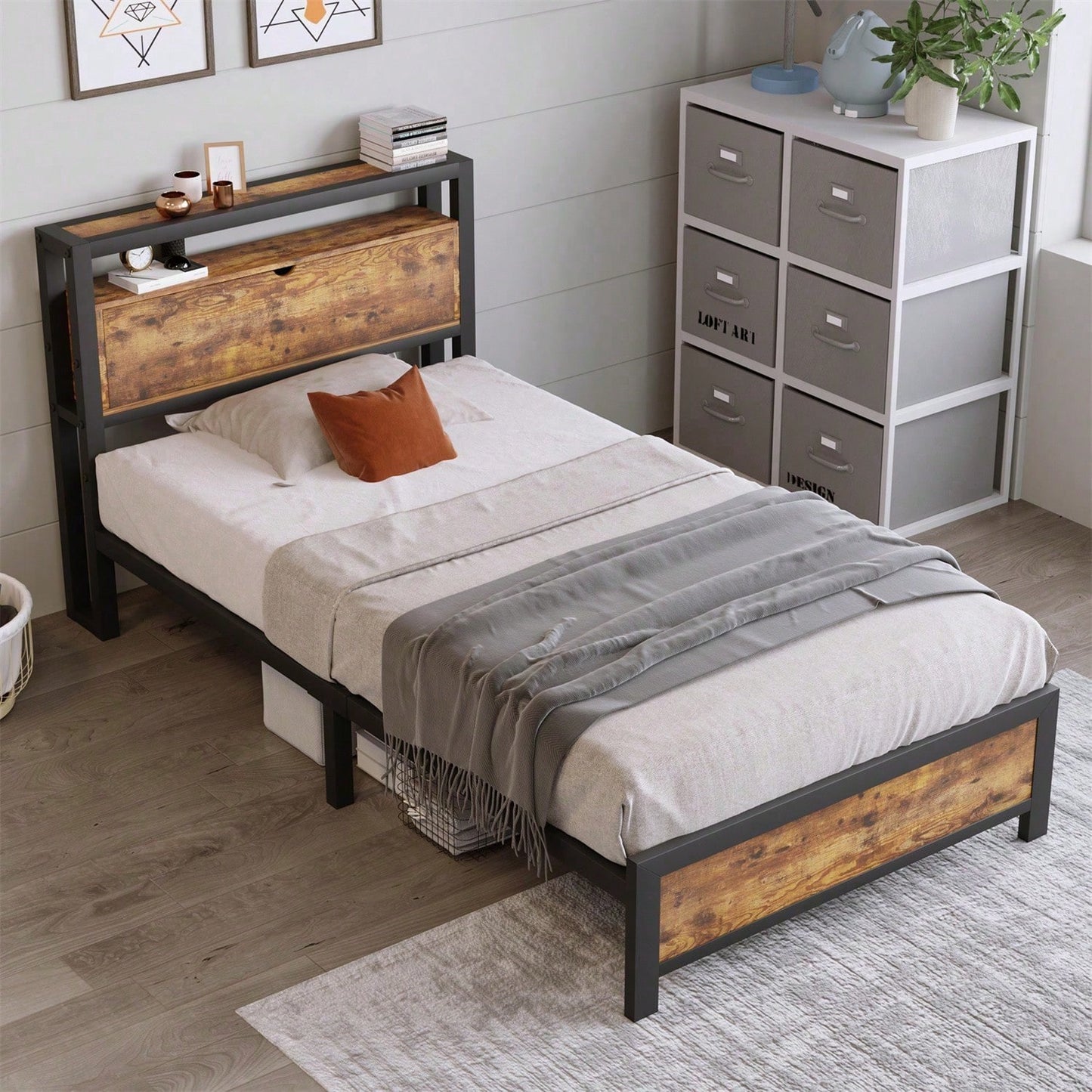 Metallbett Jugendbetten Einzelbett 90 x 200 cm mit Stauraum-Kopfteil und Metall Lattenrost, Kinderbett Metall Bettgestell Bettrahmen Für Erwachsene, Kinder, Jugendliche,Schwarz Industrielles Bett