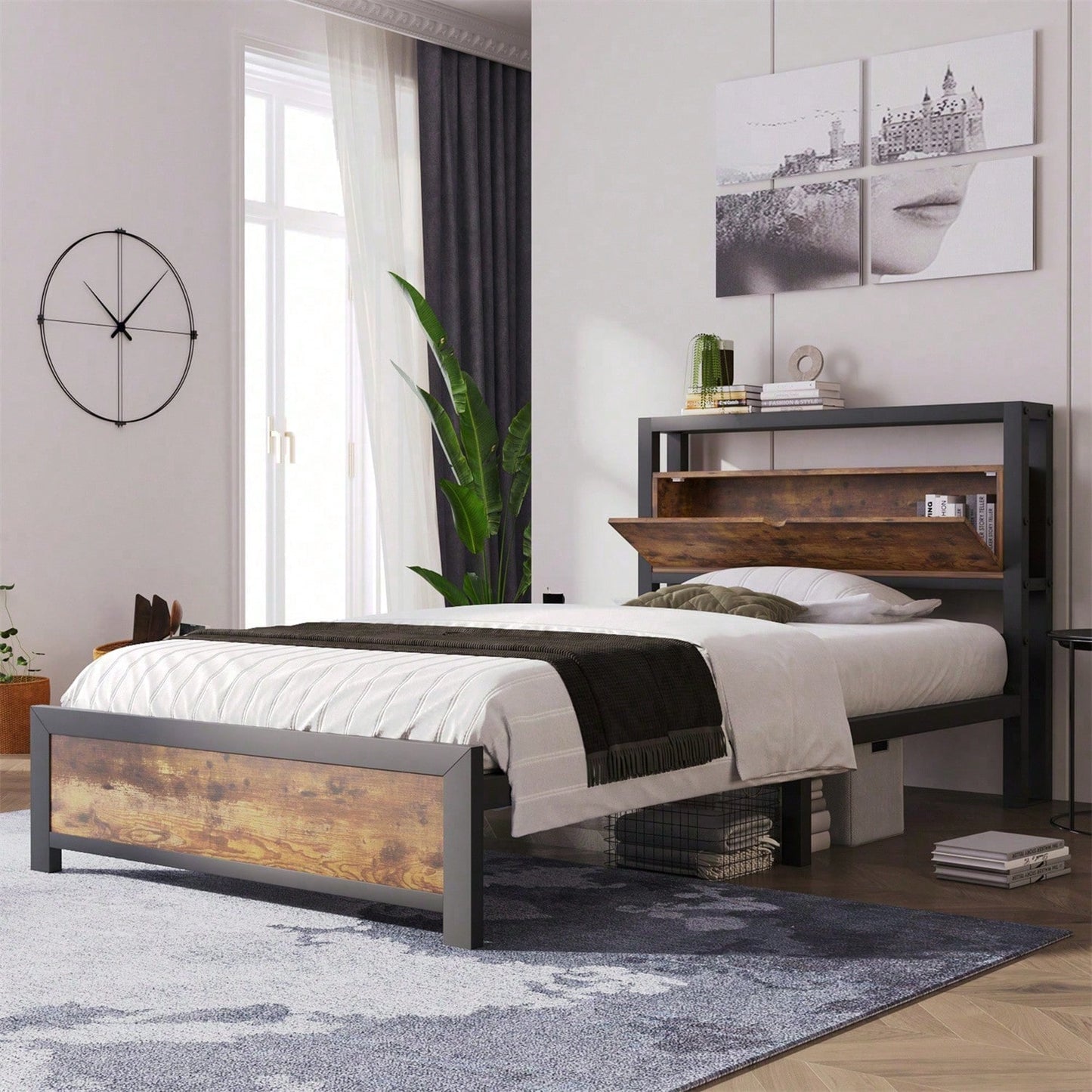 Metallbett Jugendbetten Einzelbett 90 x 200 cm mit Stauraum-Kopfteil und Metall Lattenrost, Kinderbett Metall Bettgestell Bettrahmen Für Erwachsene, Kinder, Jugendliche,Schwarz Industrielles Bett