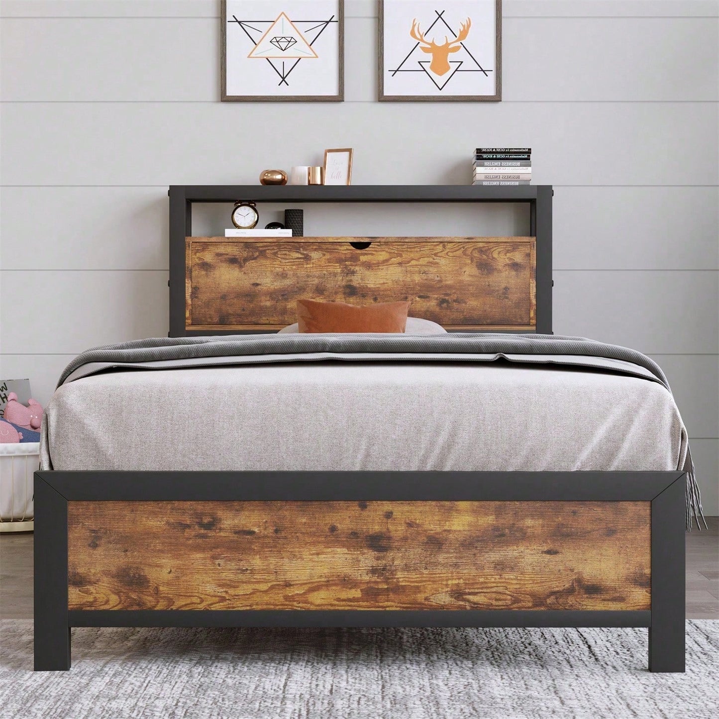 Metallbett Jugendbetten Einzelbett 90 x 200 cm mit Stauraum-Kopfteil und Metall Lattenrost, Kinderbett Metall Bettgestell Bettrahmen Für Erwachsene, Kinder, Jugendliche,Schwarz Industrielles Bett