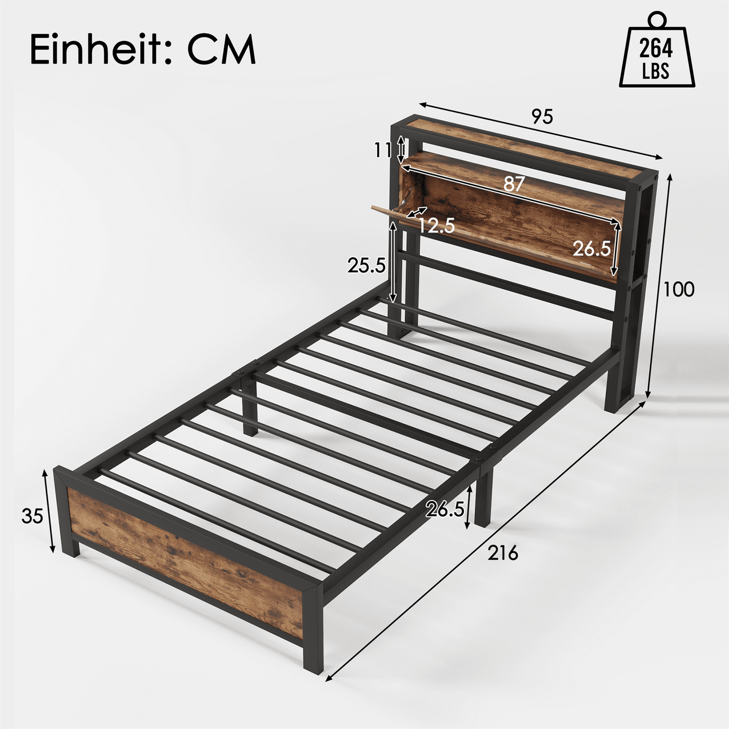 Metallbett Jugendbetten Einzelbett 90 x 200 cm mit Stauraum-Kopfteil und Metall Lattenrost, Kinderbett Metall Bettgestell Bettrahmen Für Erwachsene, Kinder, Jugendliche,Schwarz Industrielles Bett