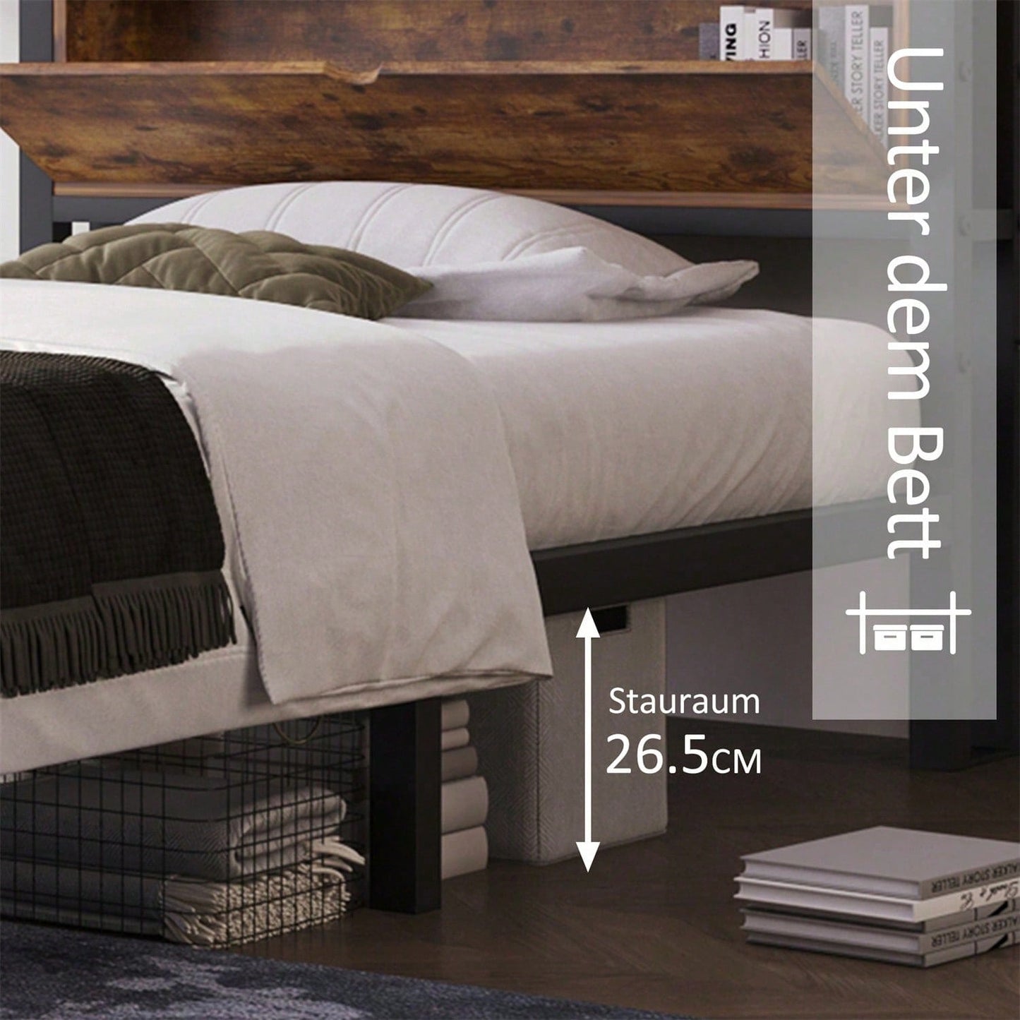 Metallbett Jugendbetten Einzelbett 90 x 200 cm mit Stauraum-Kopfteil und Metall Lattenrost, Kinderbett Metall Bettgestell Bettrahmen Für Erwachsene, Kinder, Jugendliche,Schwarz Industrielles Bett