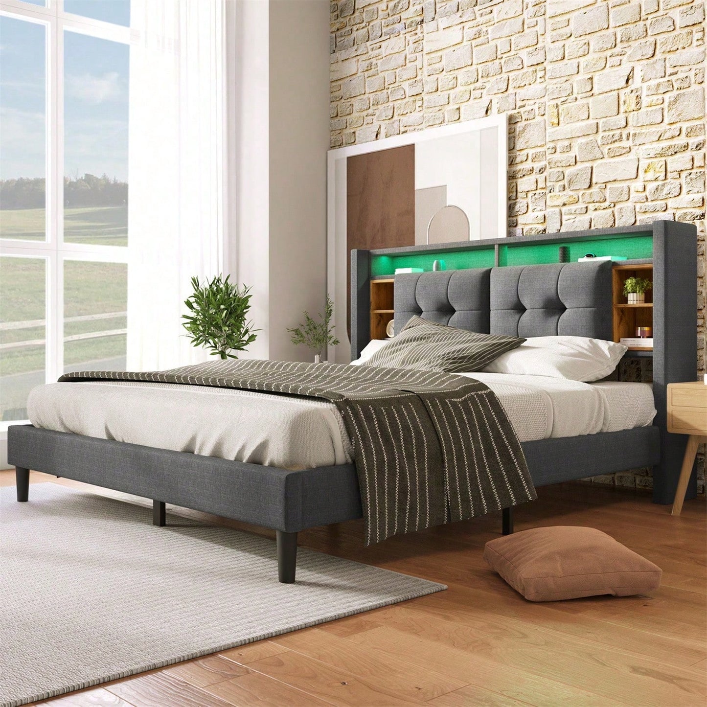 Polsterbett Doppelbett Stauraum-Kopfteil Bett mit aufladen USB und LED-Beleuchtung Bettgestell Lattenrost aus Holz,140*200CM Grau