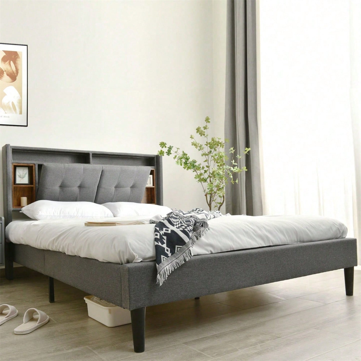 Polsterbett Doppelbett Stauraum-Kopfteil Bett mit aufladen USB und LED-Beleuchtung Bettgestell Lattenrost aus Holz,140*200CM Grau