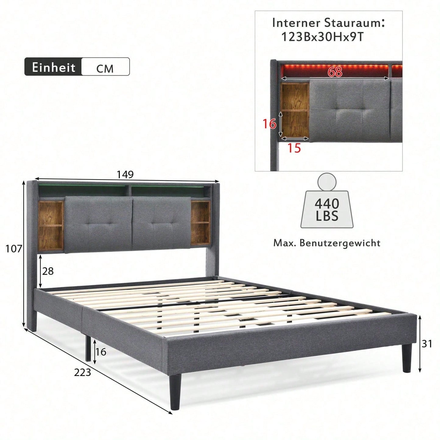 Polsterbett Doppelbett Stauraum-Kopfteil Bett mit aufladen USB und LED-Beleuchtung Bettgestell Lattenrost aus Holz,140*200CM Grau