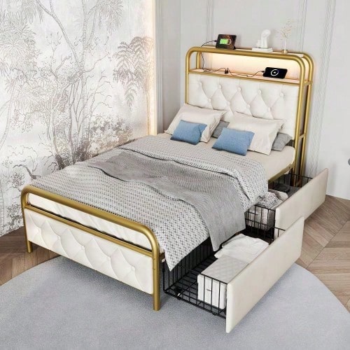 Polsterbett Einzelbett mit aufladen USB Type C Ladefunktion APP-Control LED Bettgestell Metallbett 90*200 Bettrahmen und 2 Schubladen, Samt