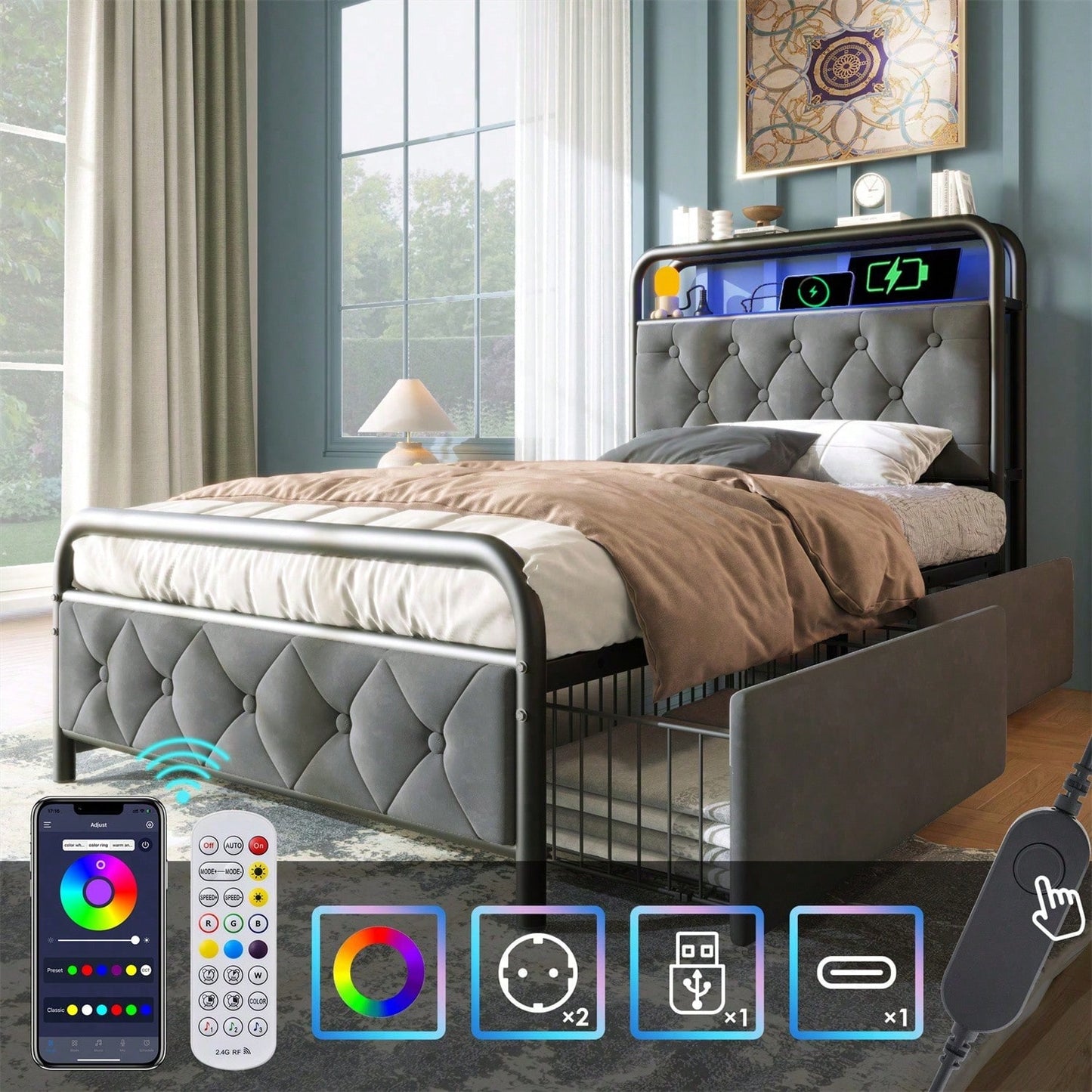 Polsterbett Einzelbett mit aufladen USB Type C Ladefunktion APP-Control LED Bettgestell Metallbett 90*200 Bettrahmen und 2 Schubladen, Samt