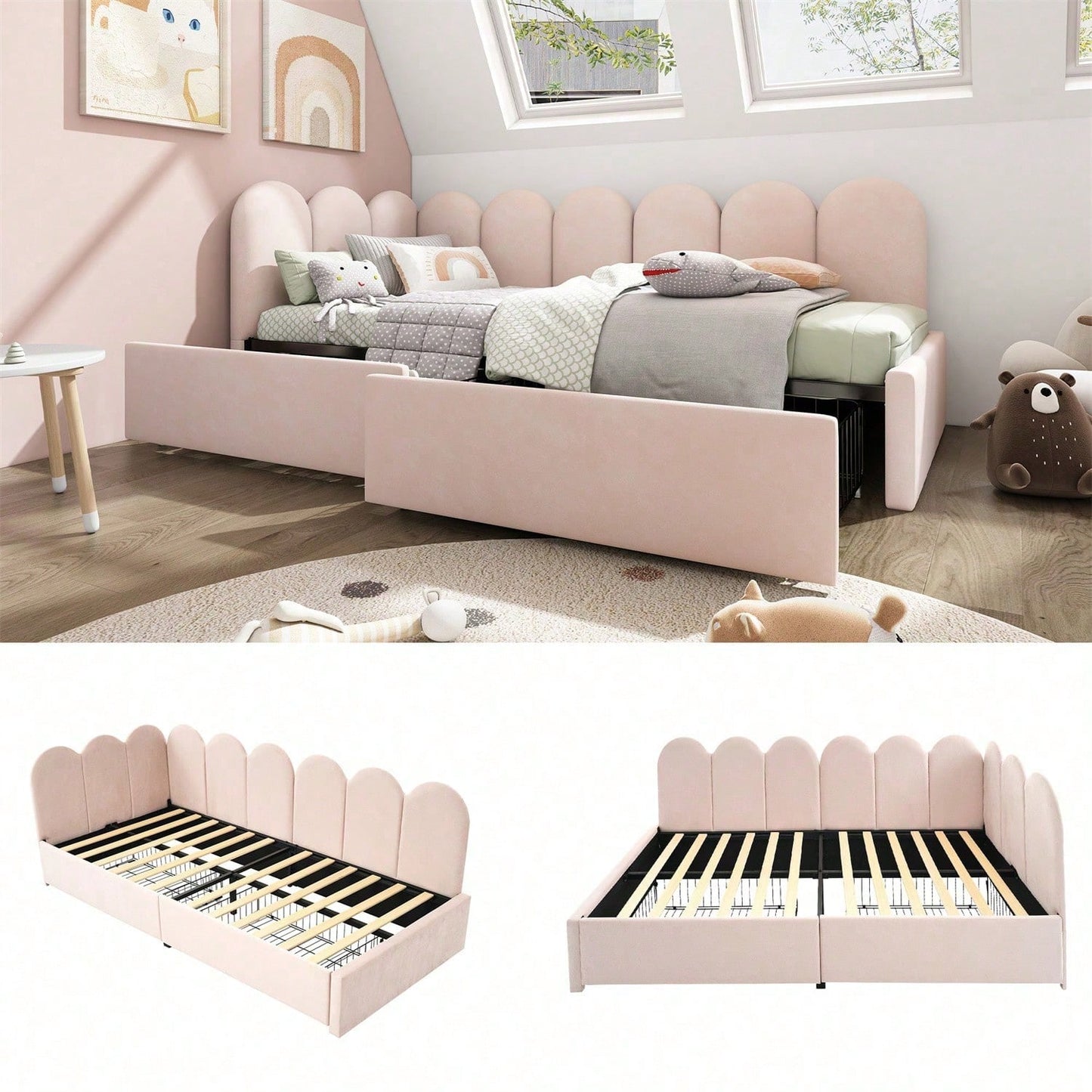 Polsterbett Einzelbett mit Schubladen Stauraumbett Samt Daybett Tagesbett Schlafsofa 90x200cm mit Lattenrost Jugendbett und Erwachsene Kinderbett,Rosa